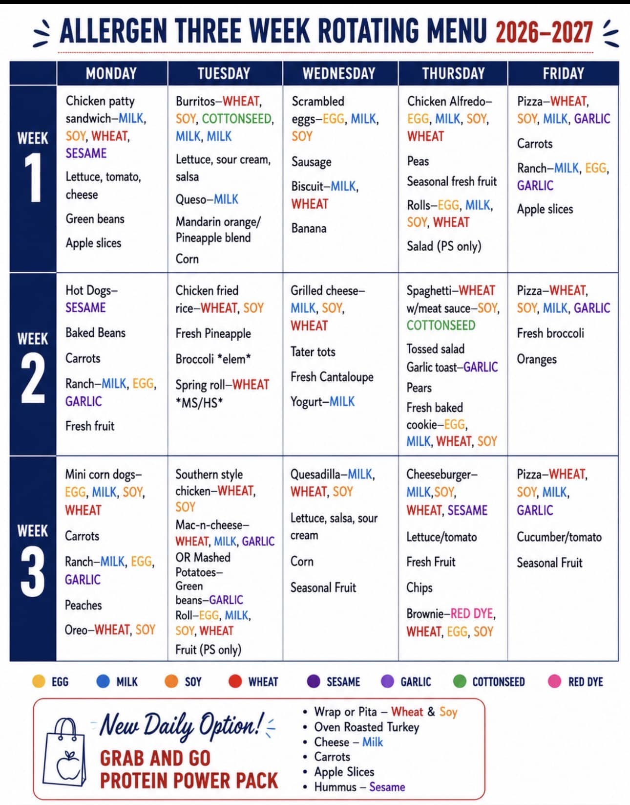 The Table - Christian Academy of Louisville Allergy Rotating Menu (Three Weeks) 2026-2027