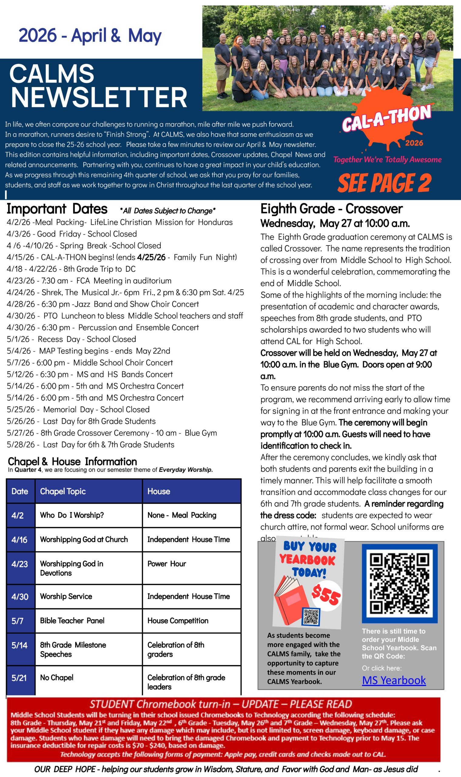 Christian Academy of Louisville Middle School CALMS Newsletter April-May 2026