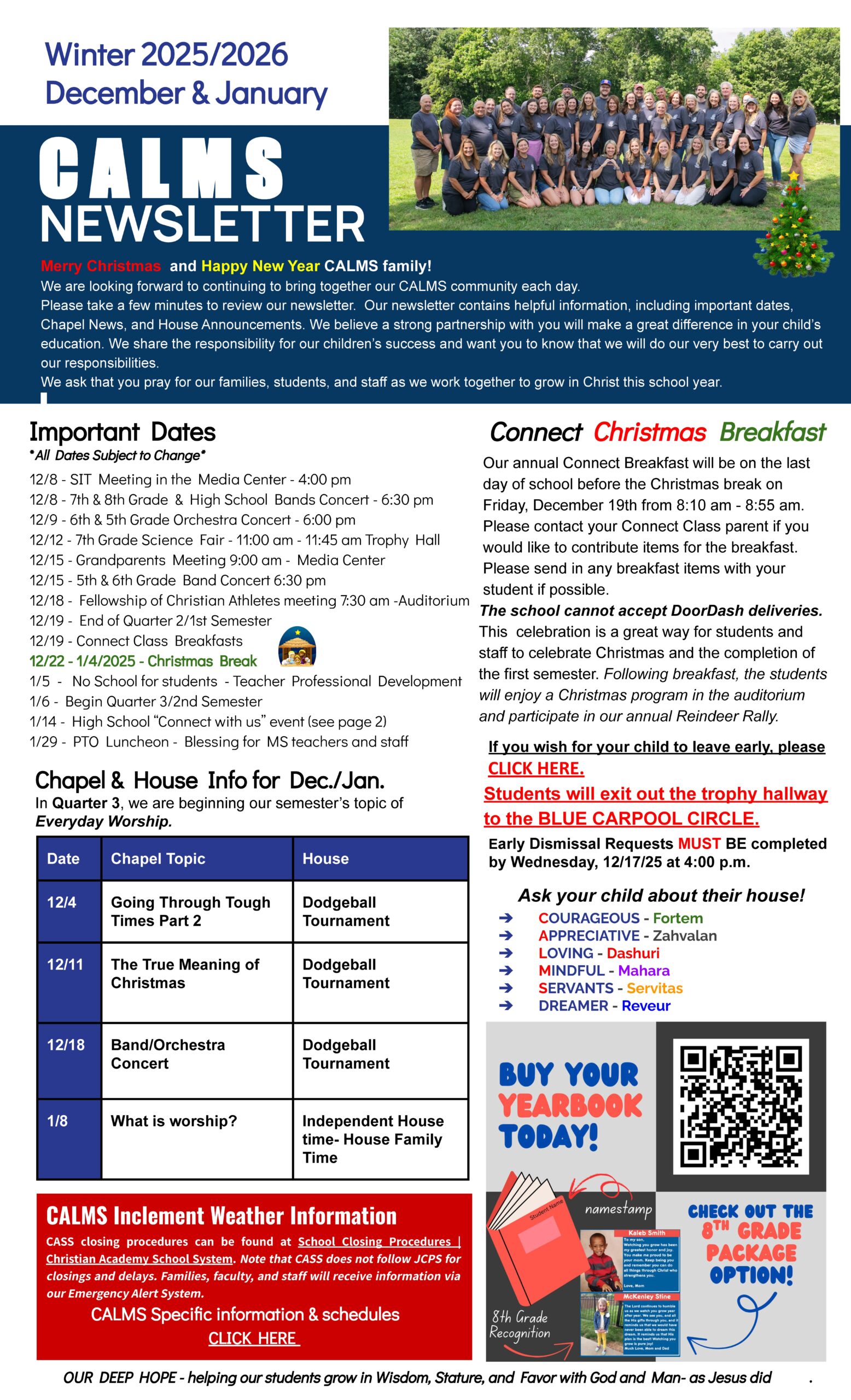Christian Academy of Louisville Middle School CALMS Newsletter December 2025 - January 2026