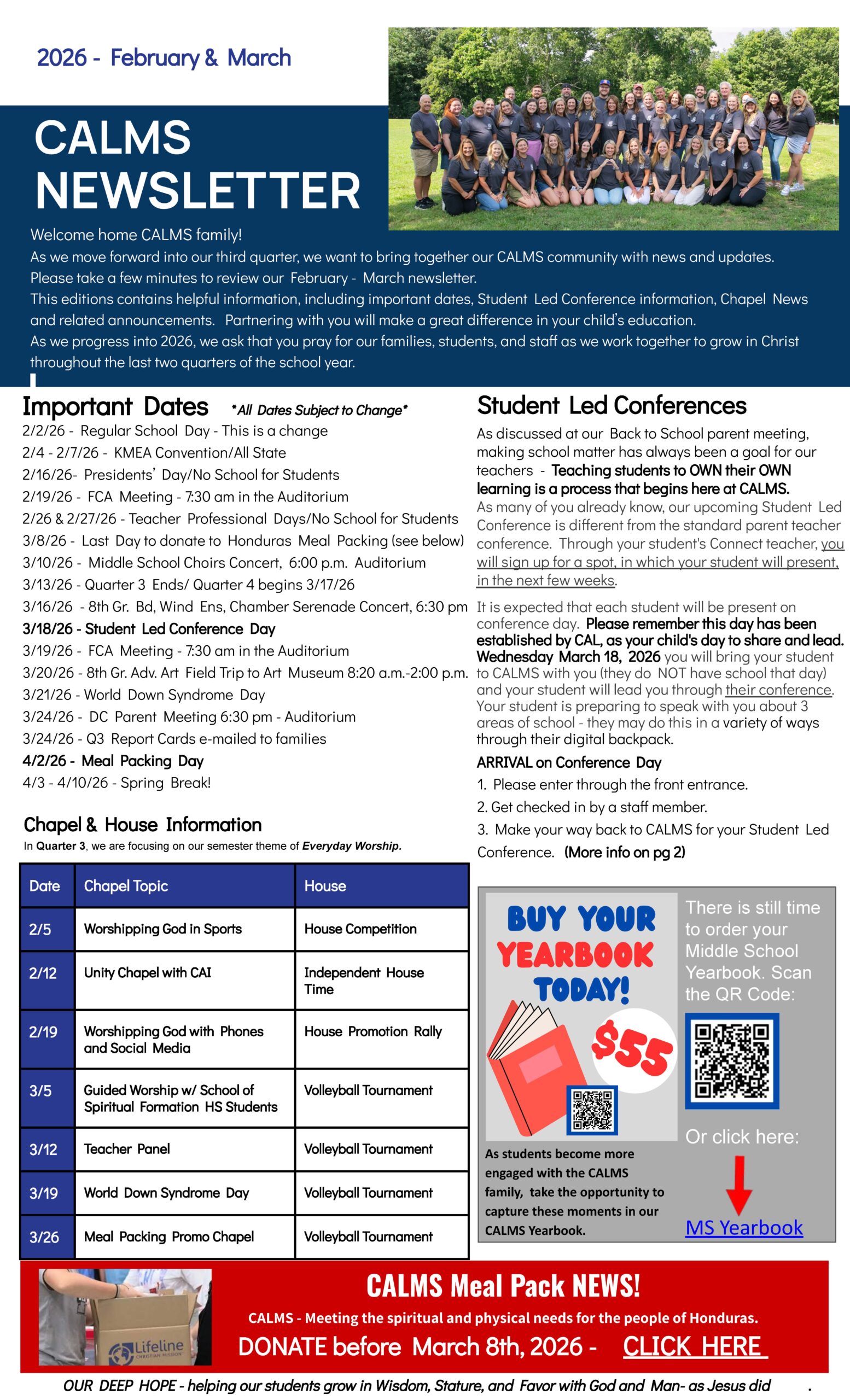 Christian Academy of Louisville Middle School CALMS Newsletter February-March 2026