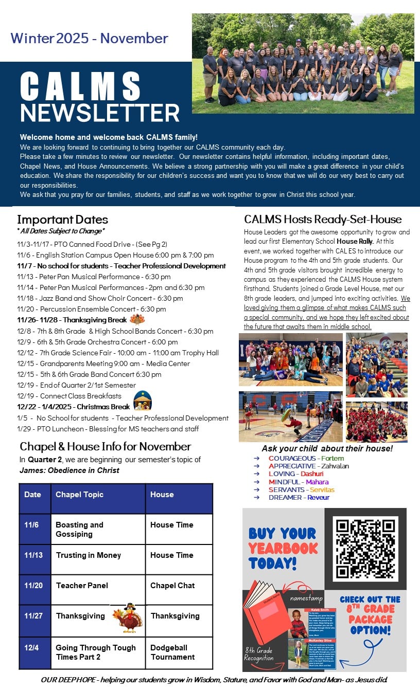Christian Academy of Louisville Middle School CALMS Newsletter November 2025