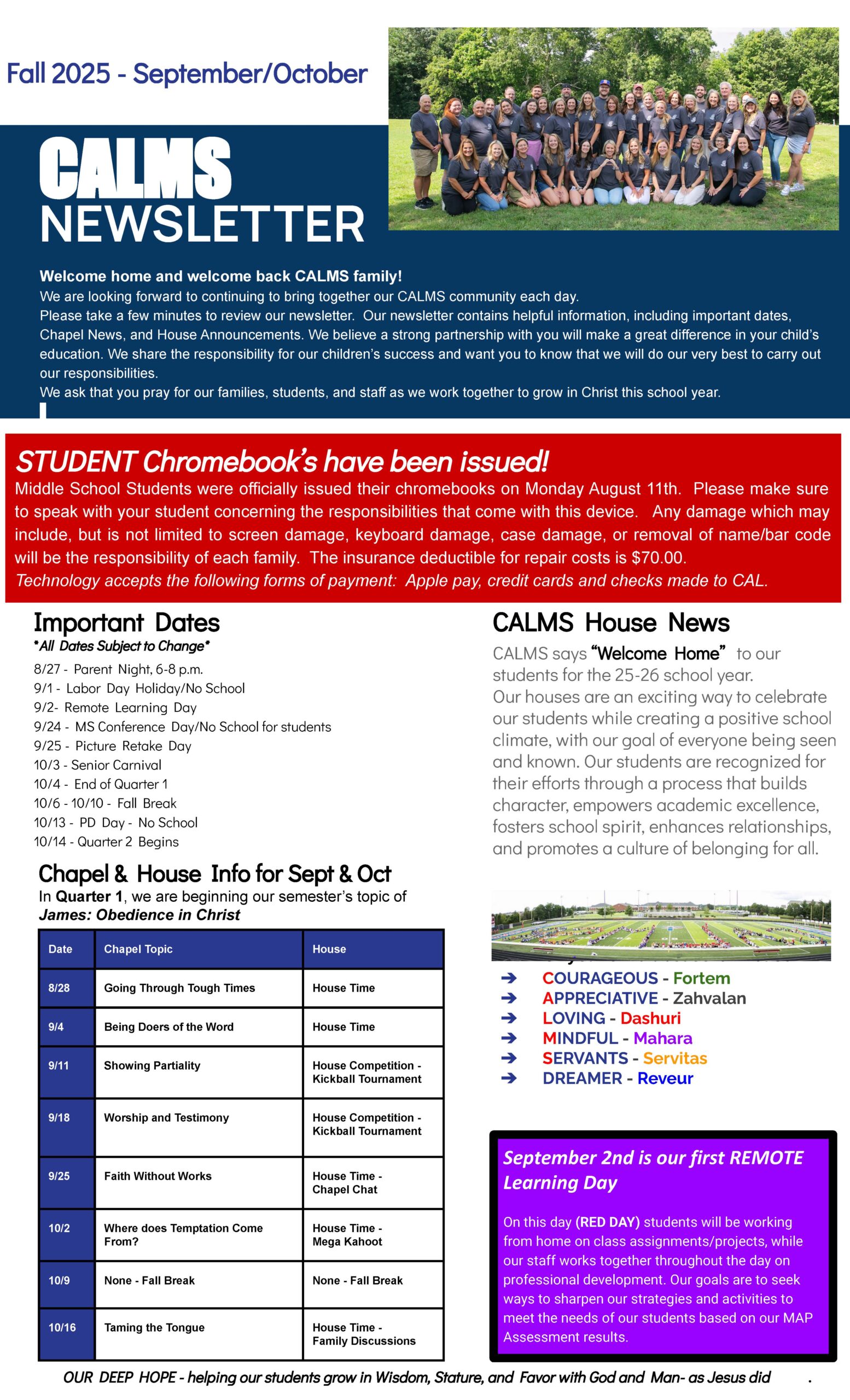 Christian Academy of Louisville Middle School Newsletter September-October 2025