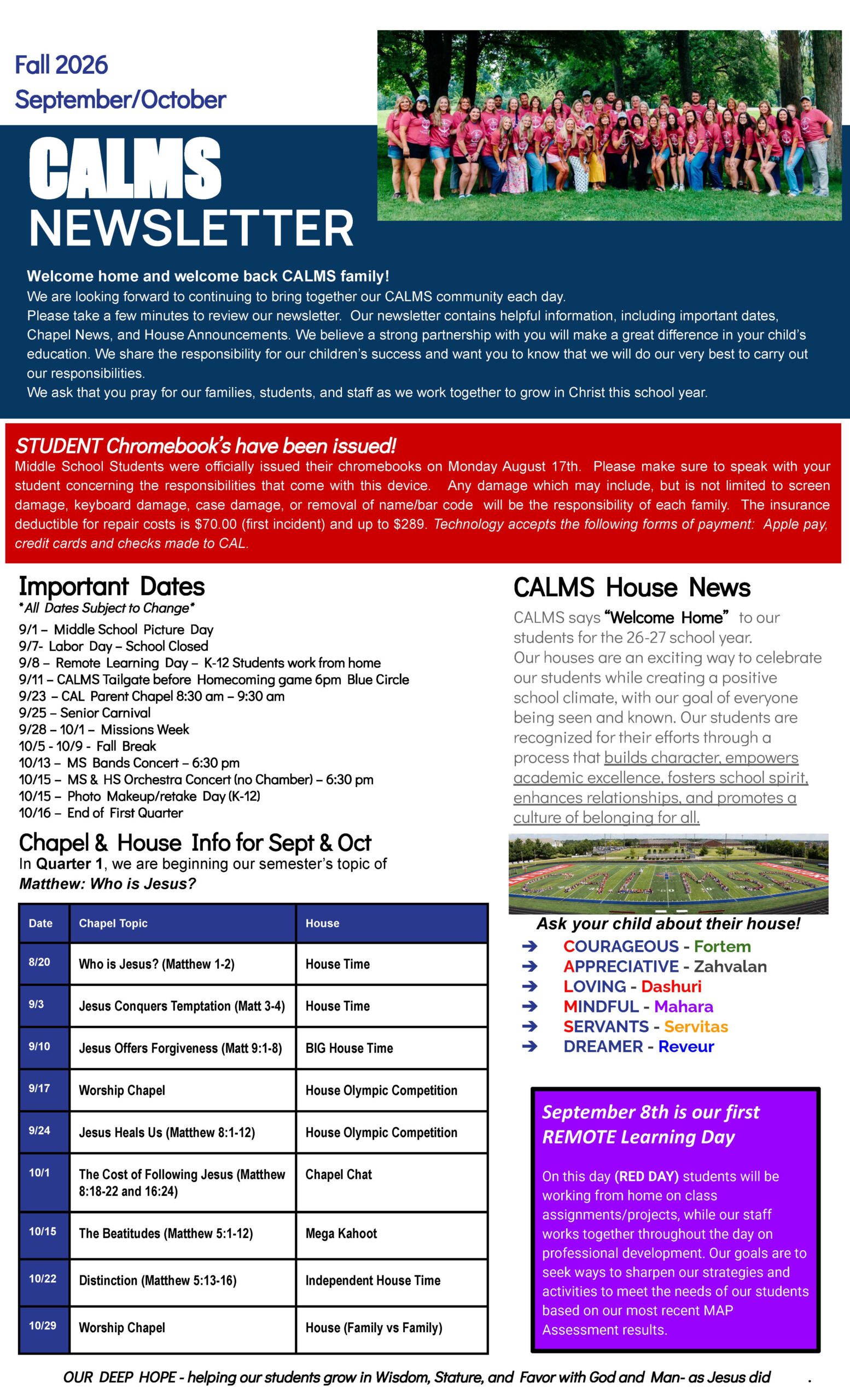 Christian Academy of Louisville Middle School CALMS Newsletter September-October 2026