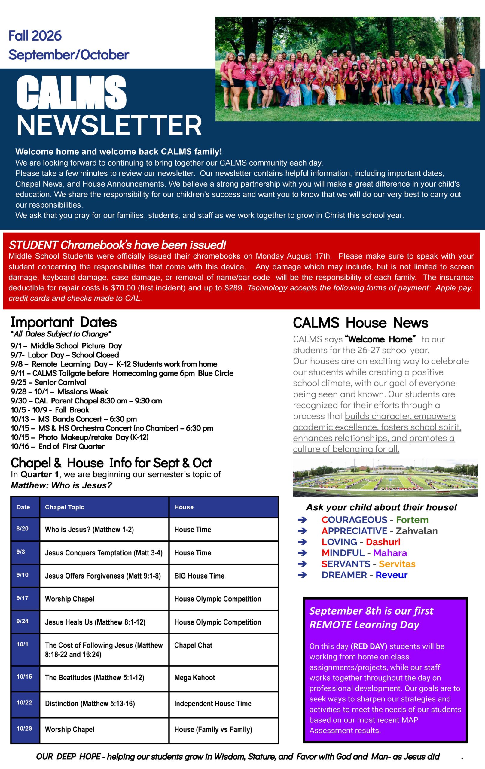 Christian Academy of Louisville Middle School CALMS Newsletter September-October 2026