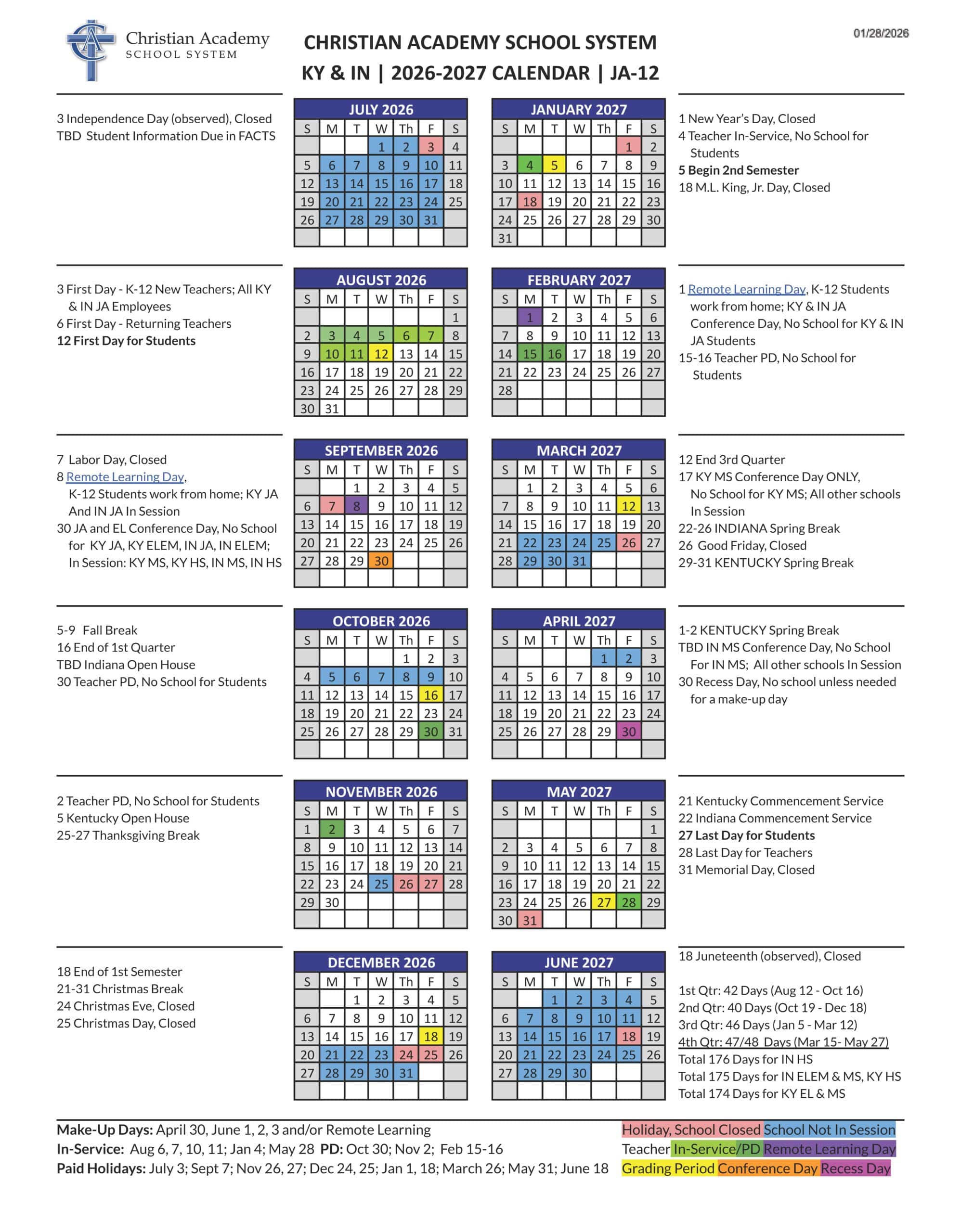 Christian Academy School System Family Calendar 2026-2027