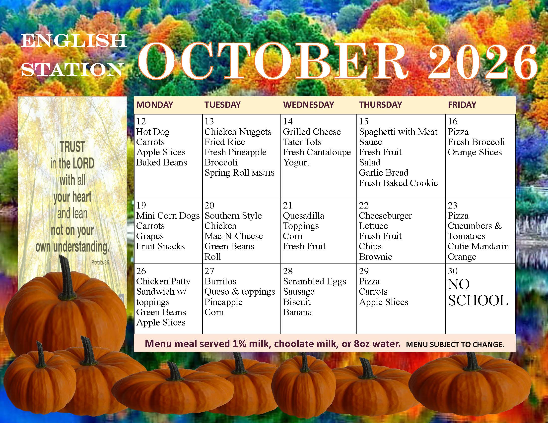 Christian Academy of Louisville K-12 Cafeteria Menu October 2026