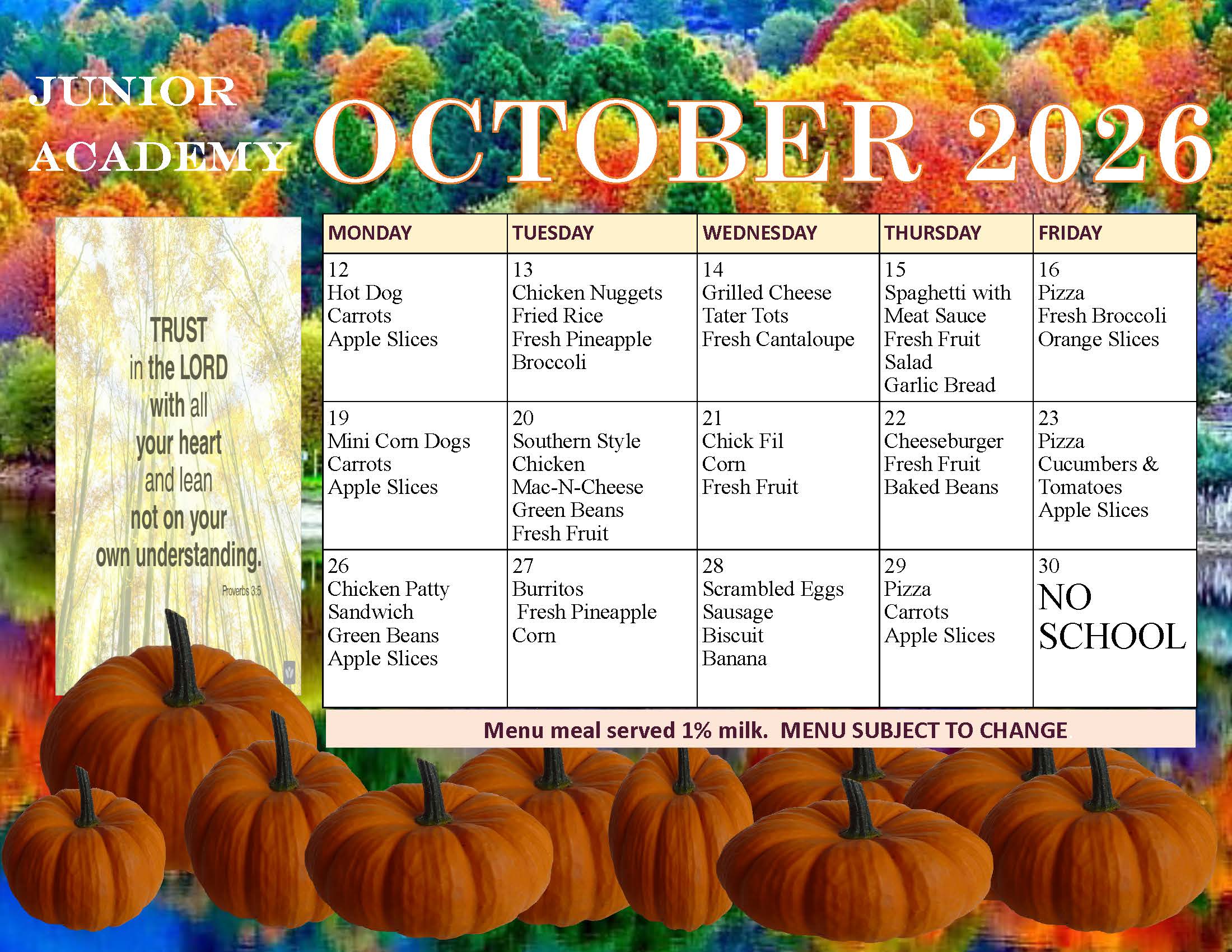 Christian Academy of Louisville Junior Academy Cafeteria Menu October 2026