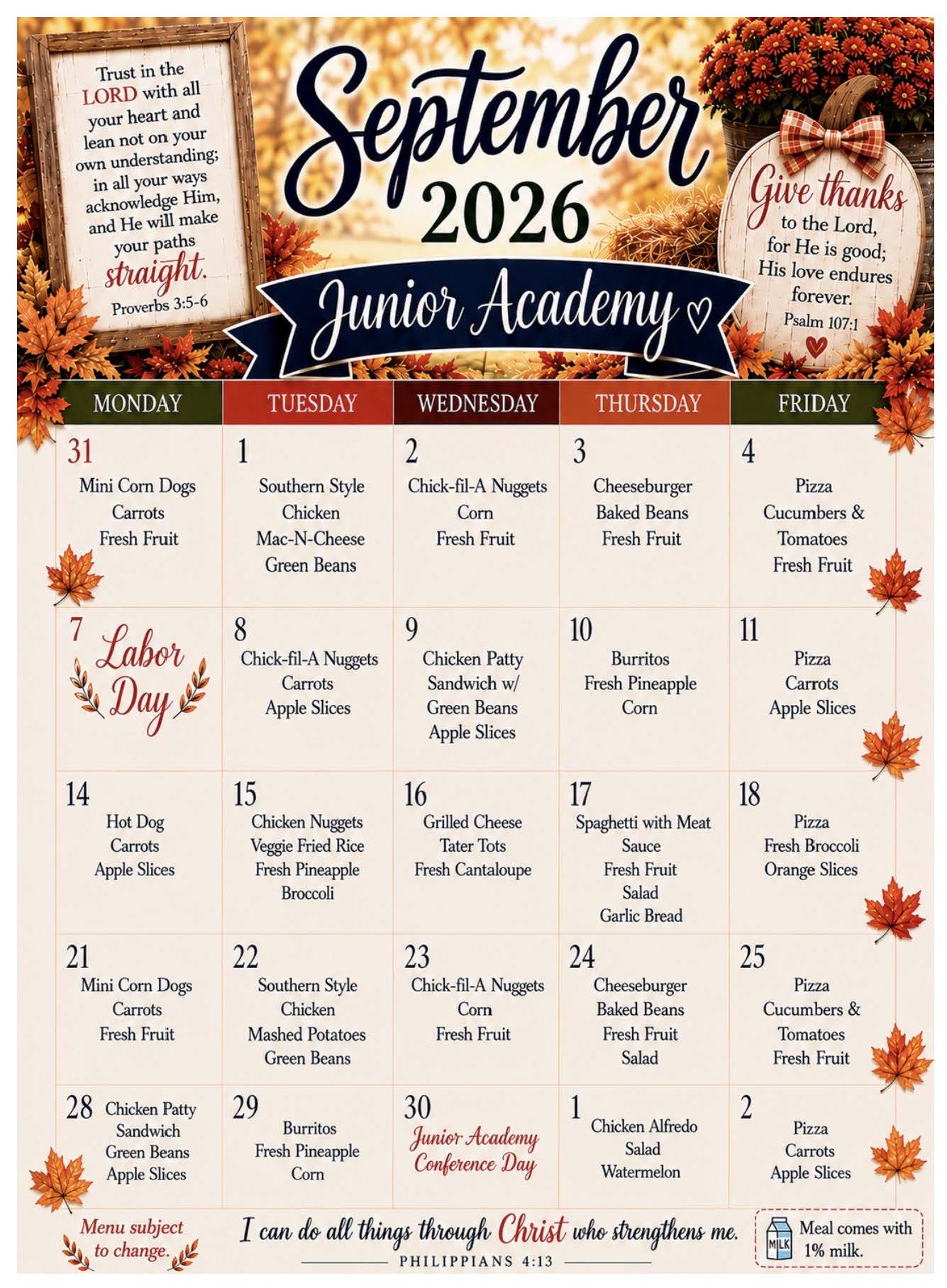 Christian Academy of Louisville Junior Academy Menu September 2026