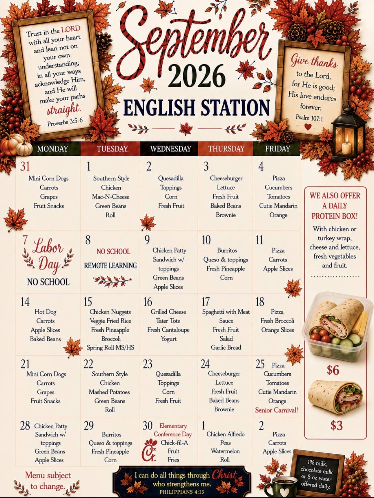 Christian Academy of Louisville K-12 Menu September 2026