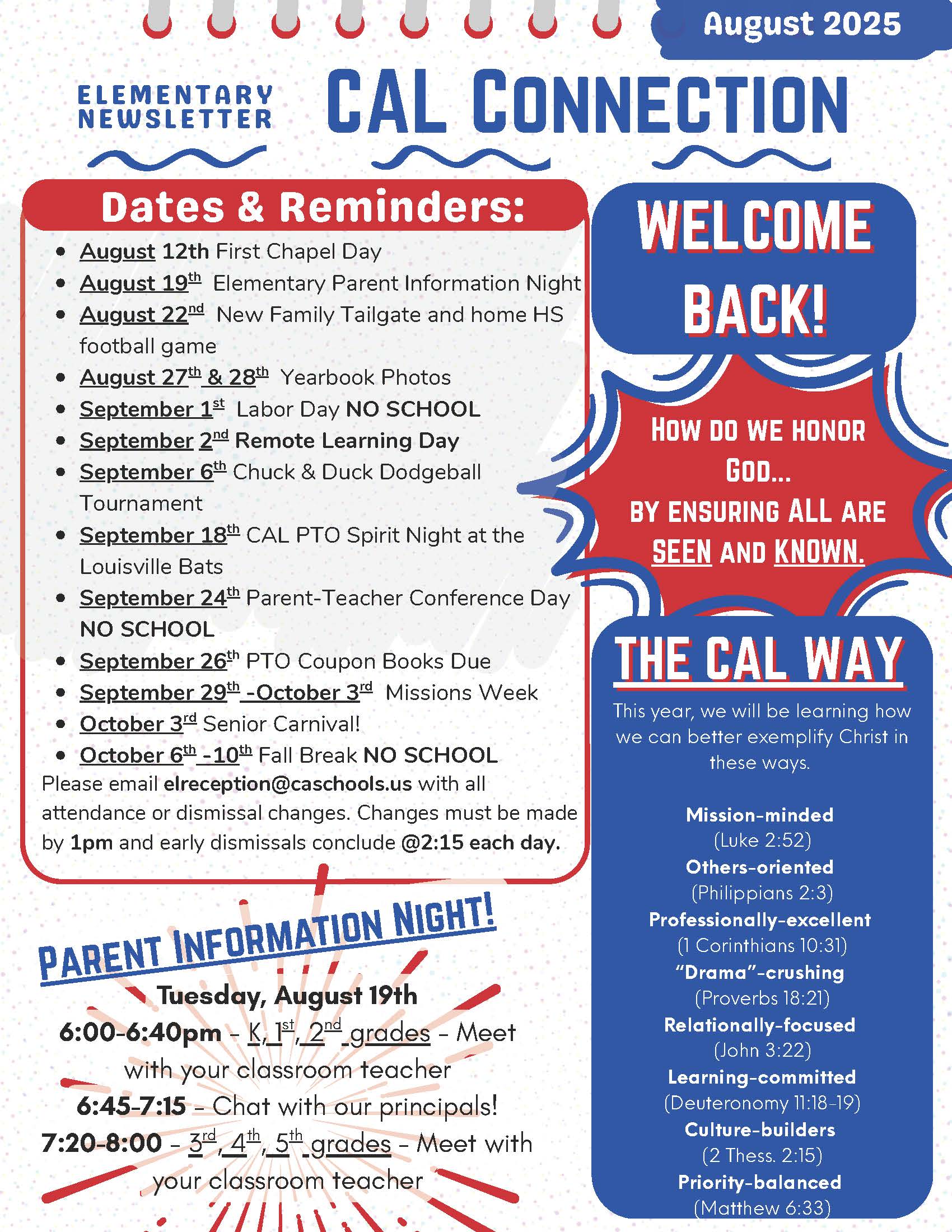 Christian Academy of Louisville Elementary CAL Connection Newsletter August 2025