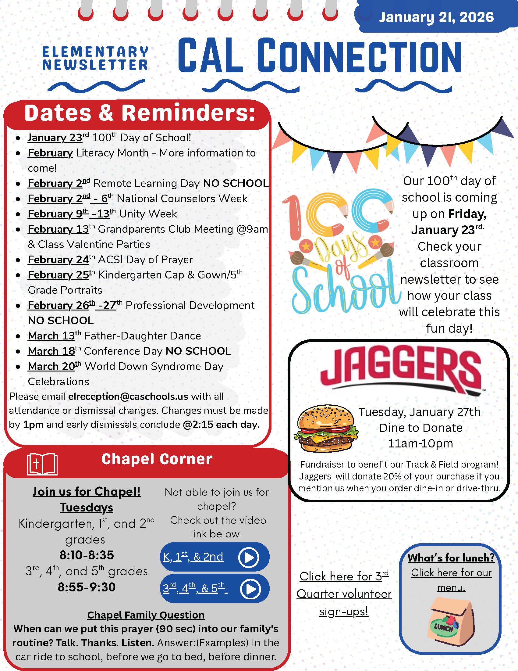 Christian Academy of Louisville Elementary CAL Connection Newsletter January 21