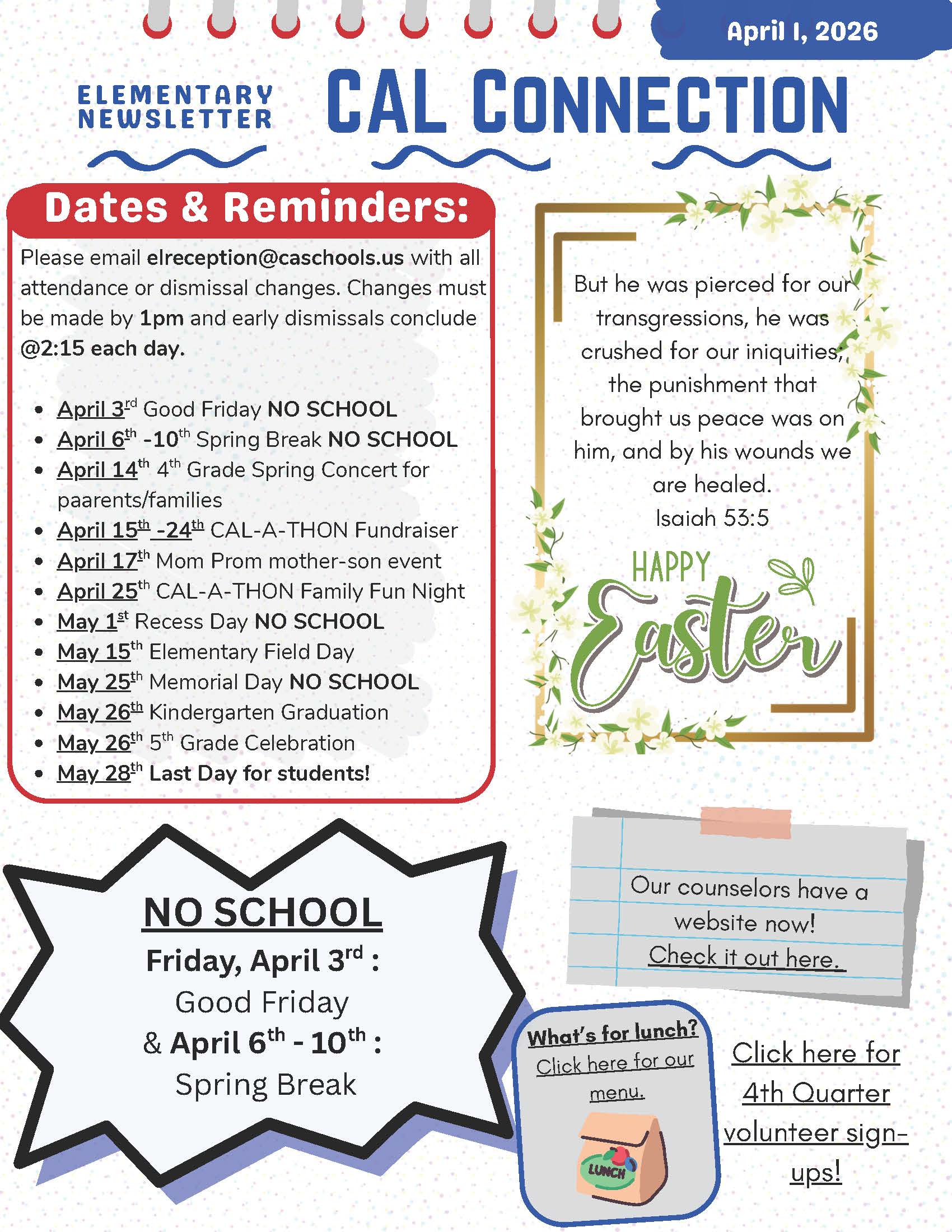 ES Elementary CAL Connection Newsletter 4-1-26_Page_1 Christian Academy of Louisville Elementary CAL Connection Newsletter April 1