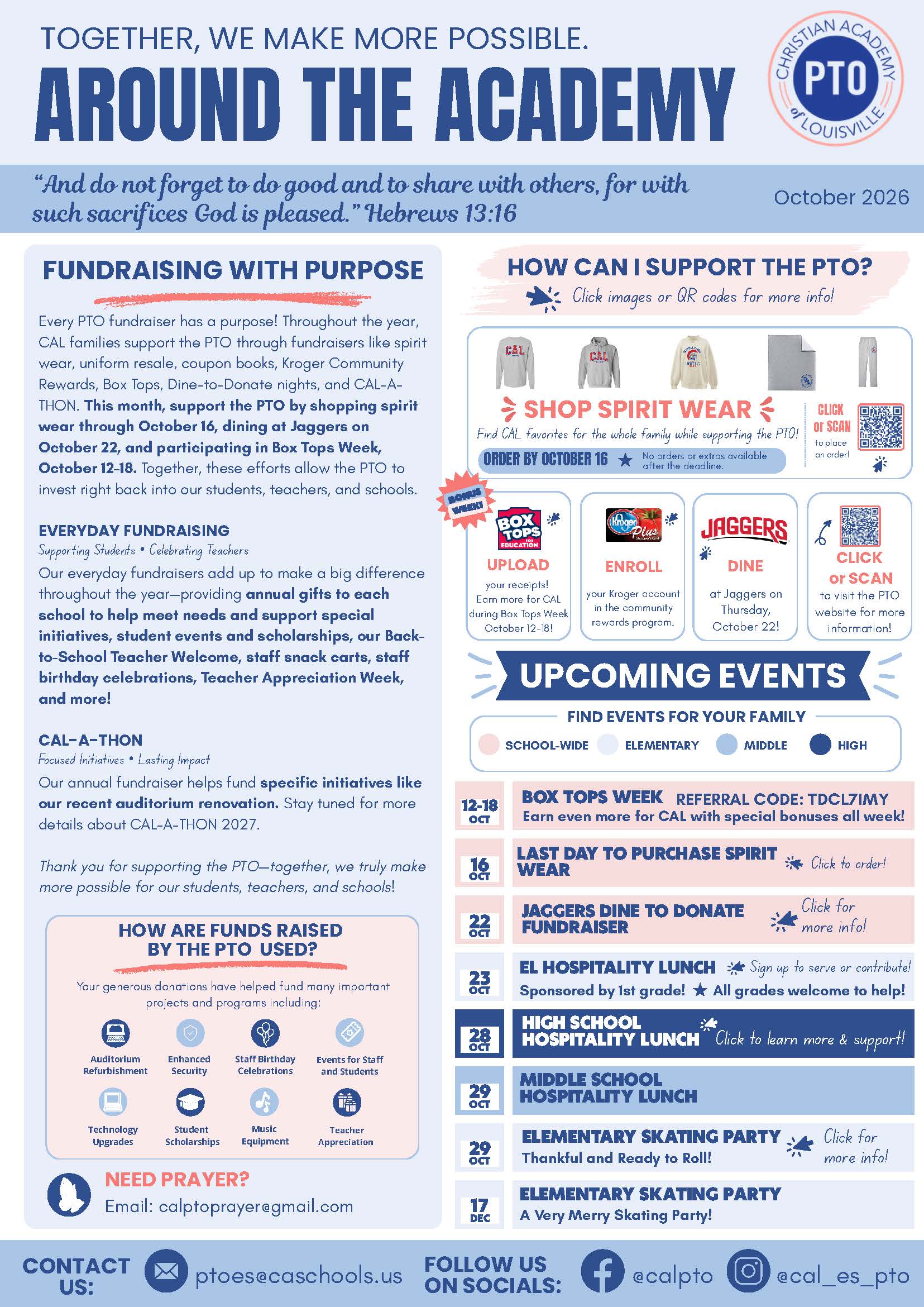 ES PTO Around the Academy Newsletter October 2026 Christian Academy of Louisville PTO Around the Academy Newsletter October 2026