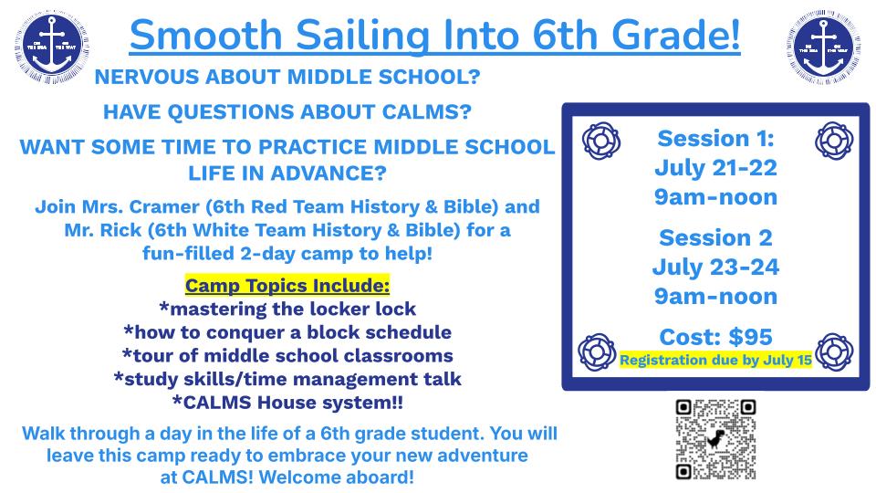 ES Smooth Sailing Flyer 2025_2026 Christian Academy of Louisville's Smooth Sailing into Sixth Grade 2026