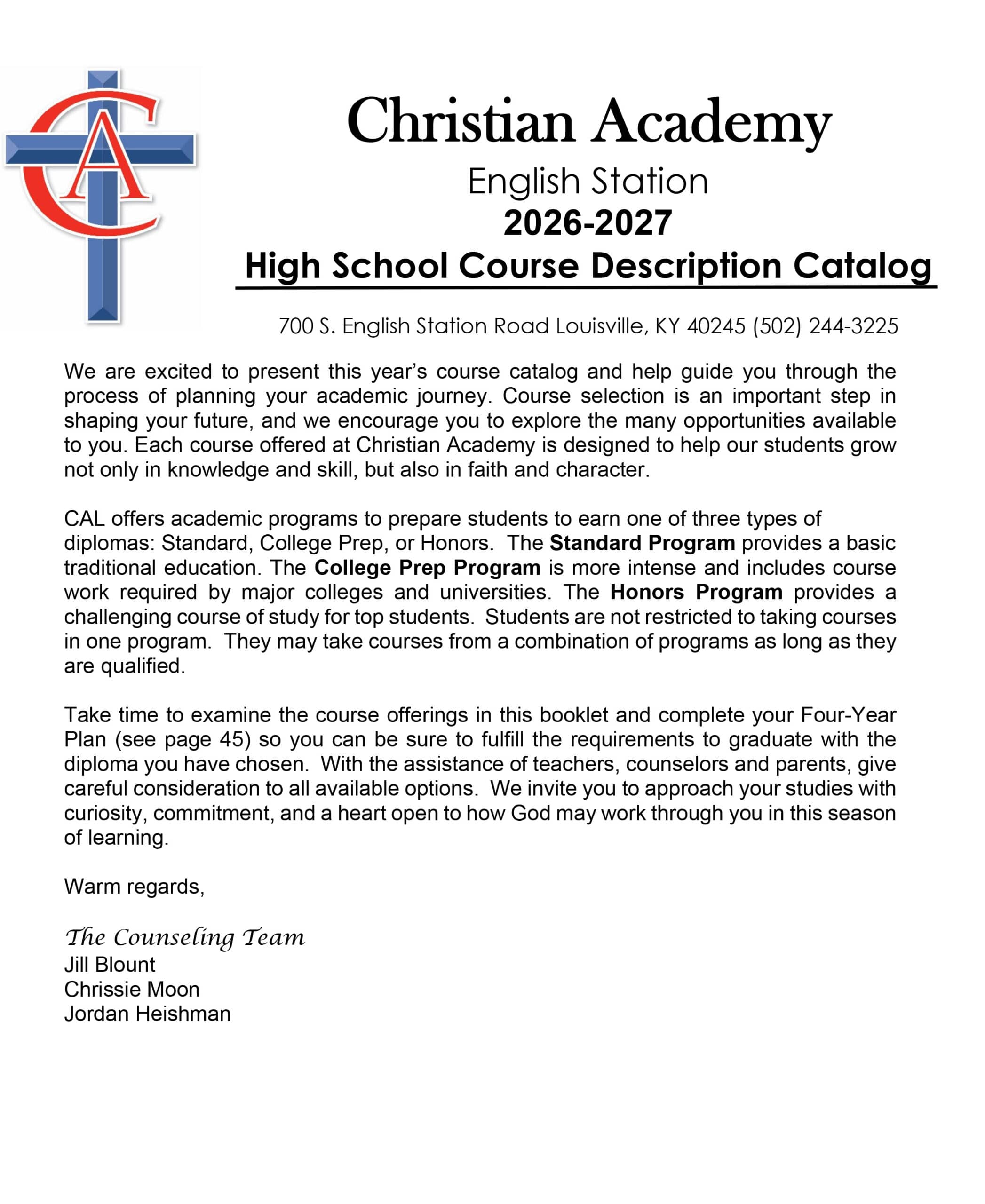 Microsoft Word - ESHS Course Description Catalog 2026-2027 FINAL Christian Academy of Louisville High School Course Description Catalog 2026-2027