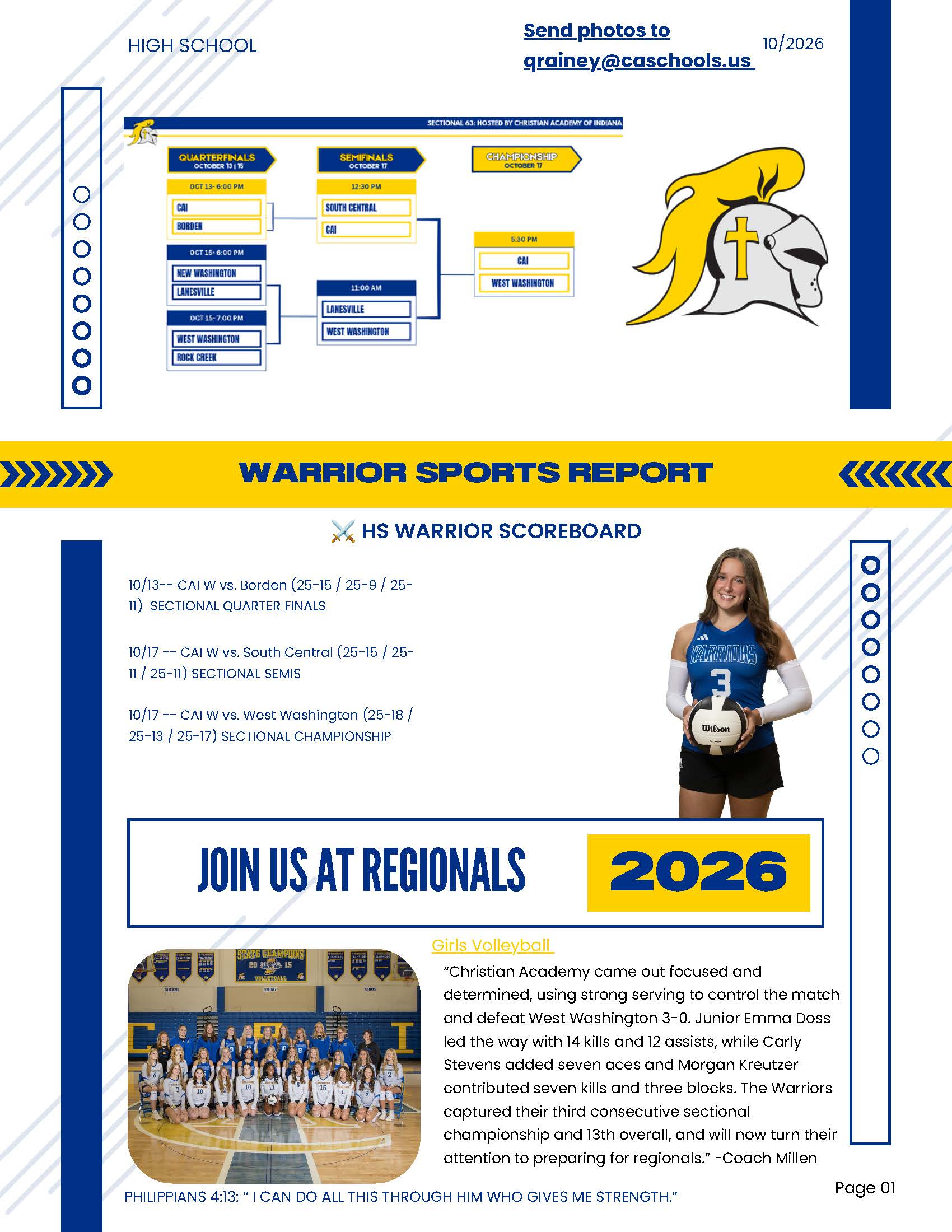 Christian Academy of Indiana Athletics Warrior Sports Report Newsletter October 21