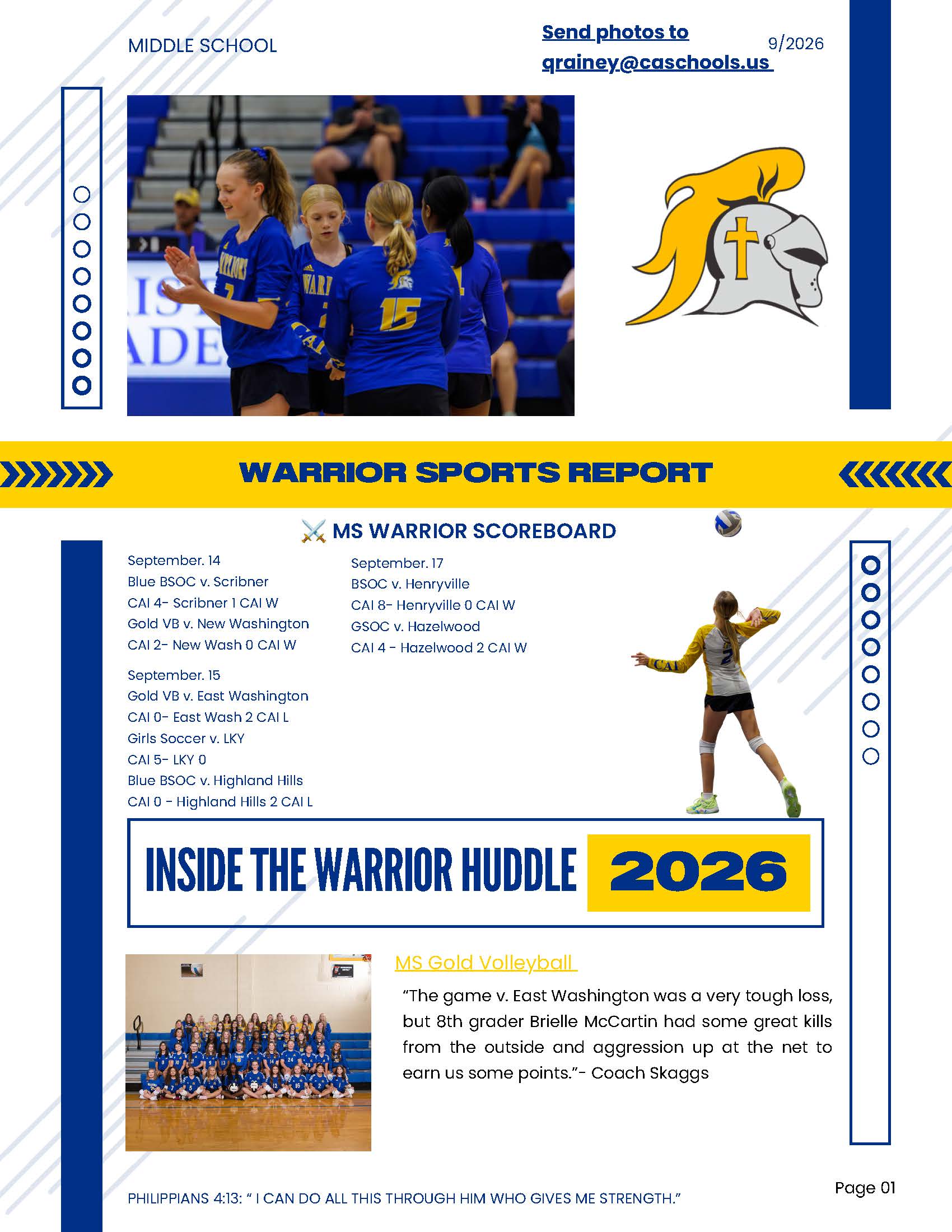 Christian Academy of Indiana Athletics Warrior Sports Report September 23