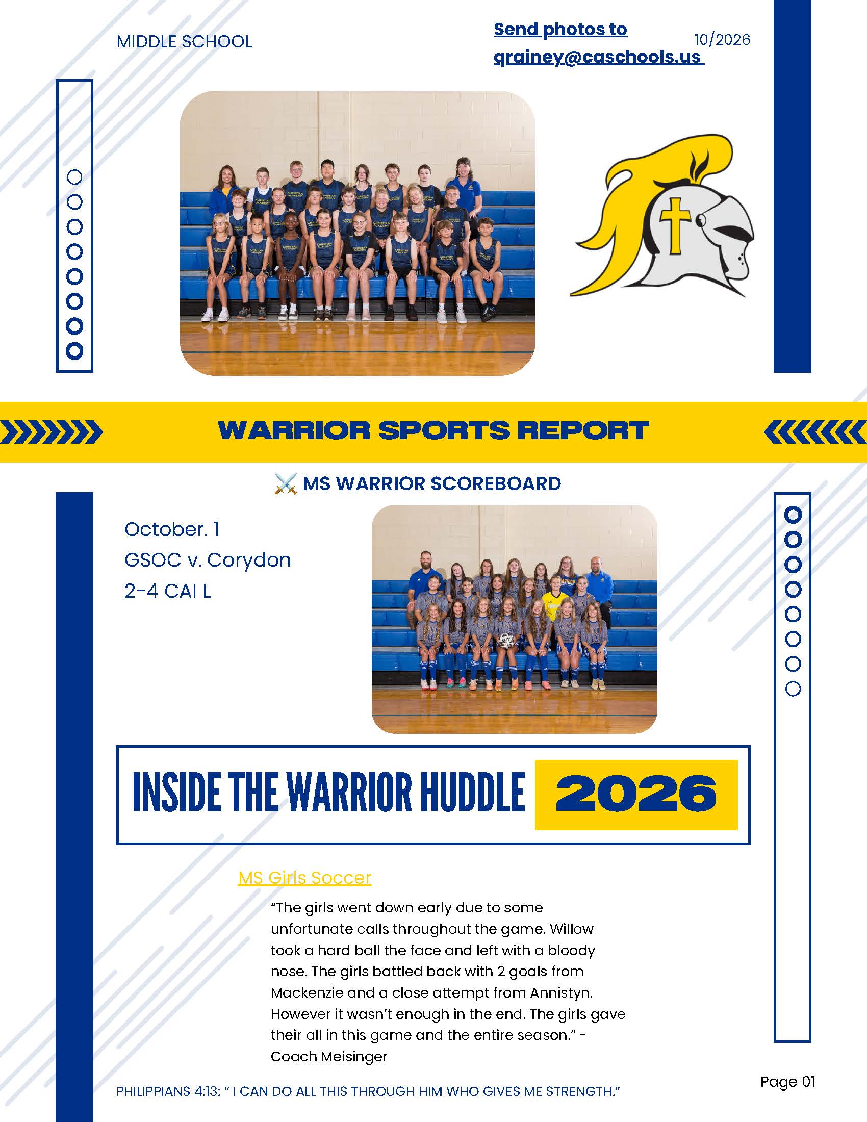 Christian Academy of Indiana Warrior Athletics Sports Report October 7
