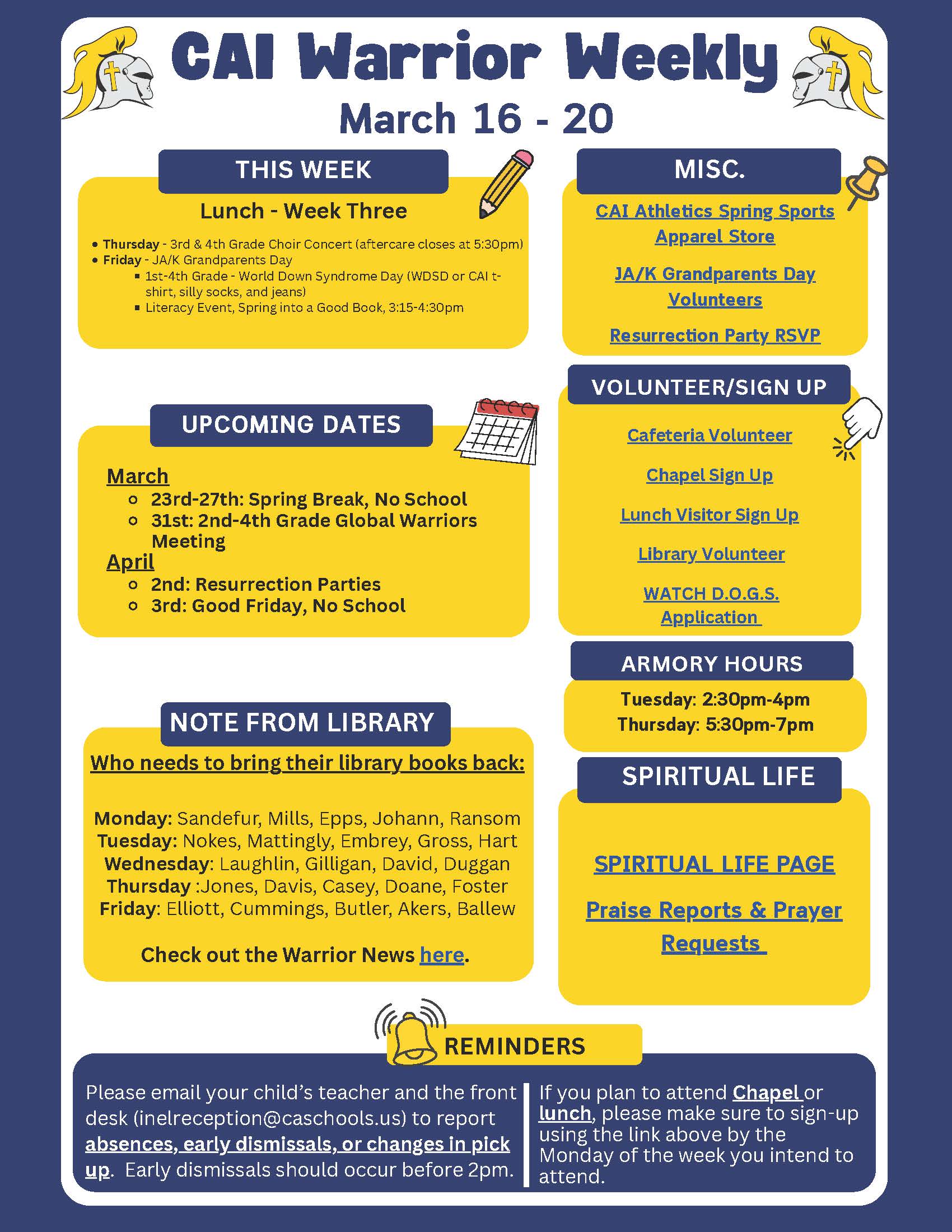 Christian Academy of Indiana Elementary CAI Warrior Weekly Elementary Newsletter March 16-20