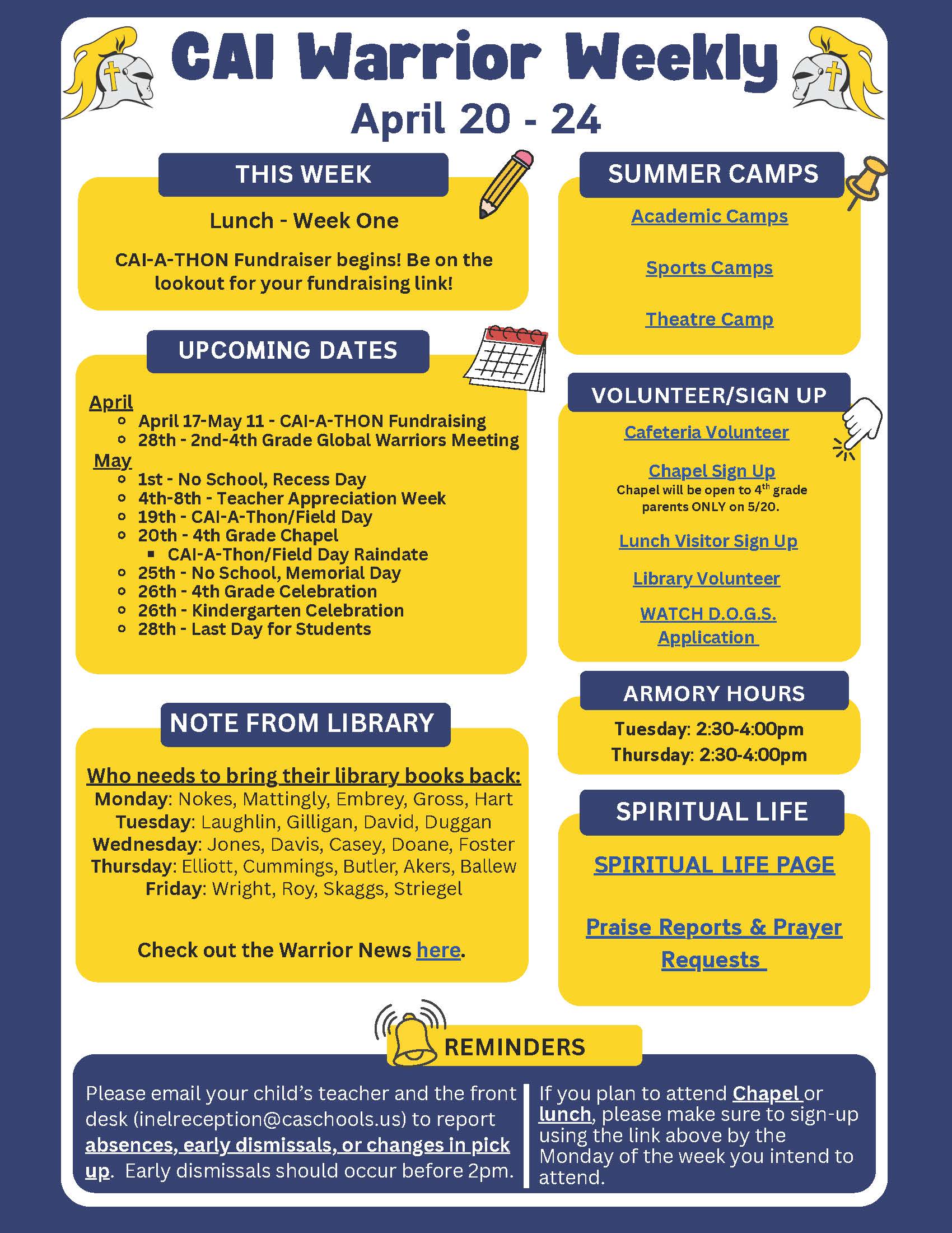 Christian Academy of Indiana Elementary Warrior Weekly Newsletter April 20-24