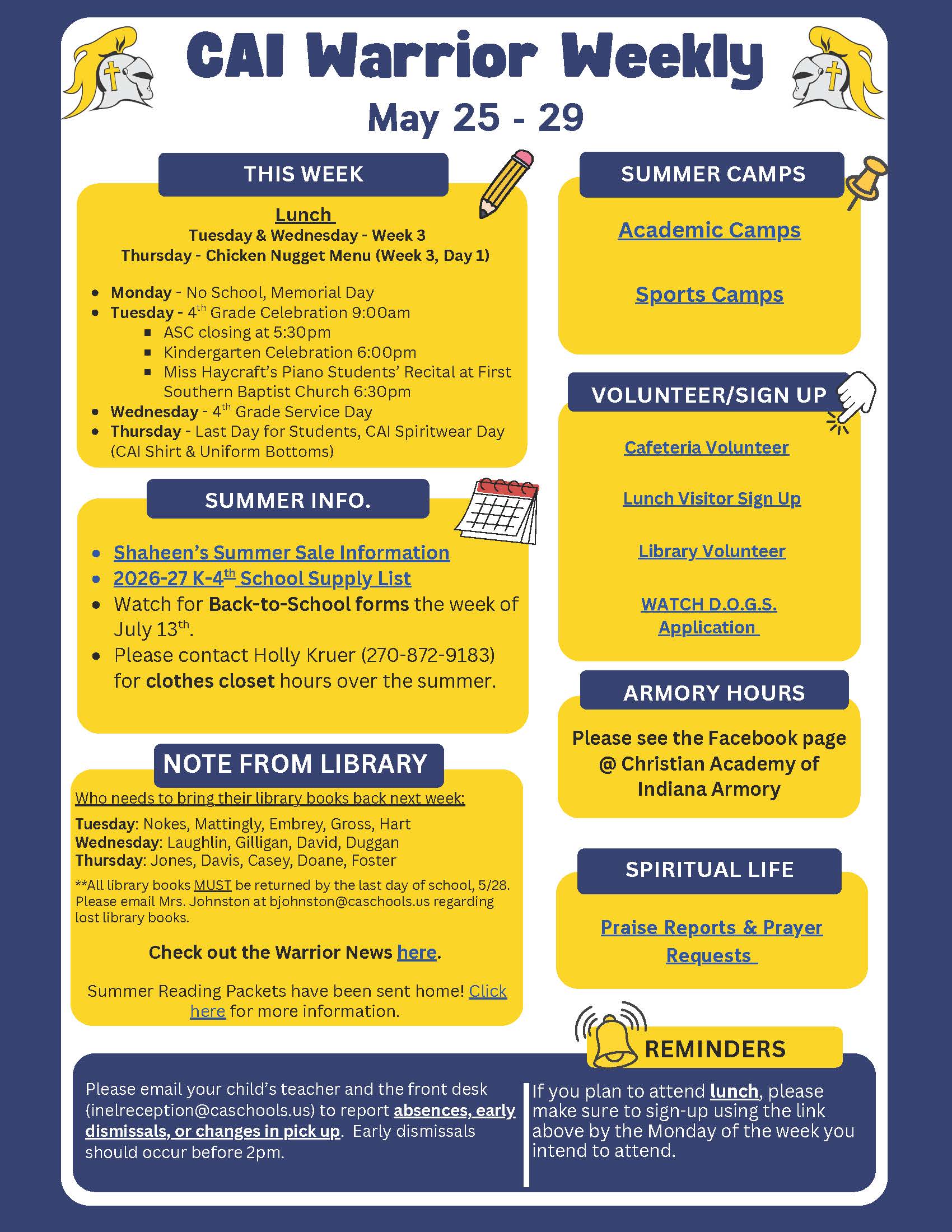 Christian Academy of Indiana Elementary CAI Warrior Weekly May 25-29