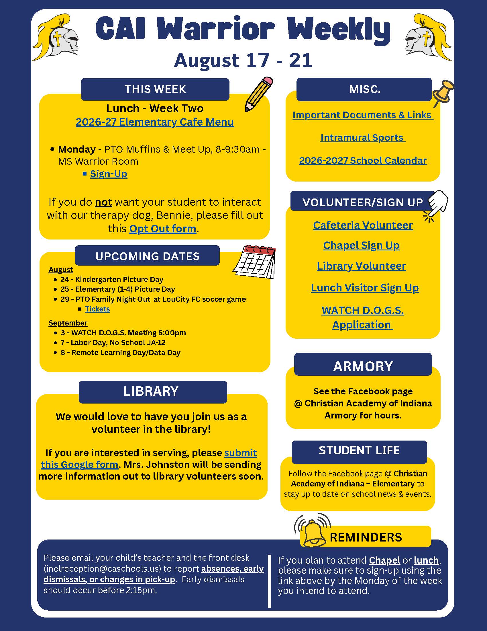 Christian Academy of Indiana Elementary CAI Warrior Weekly Newsletter August 17-21