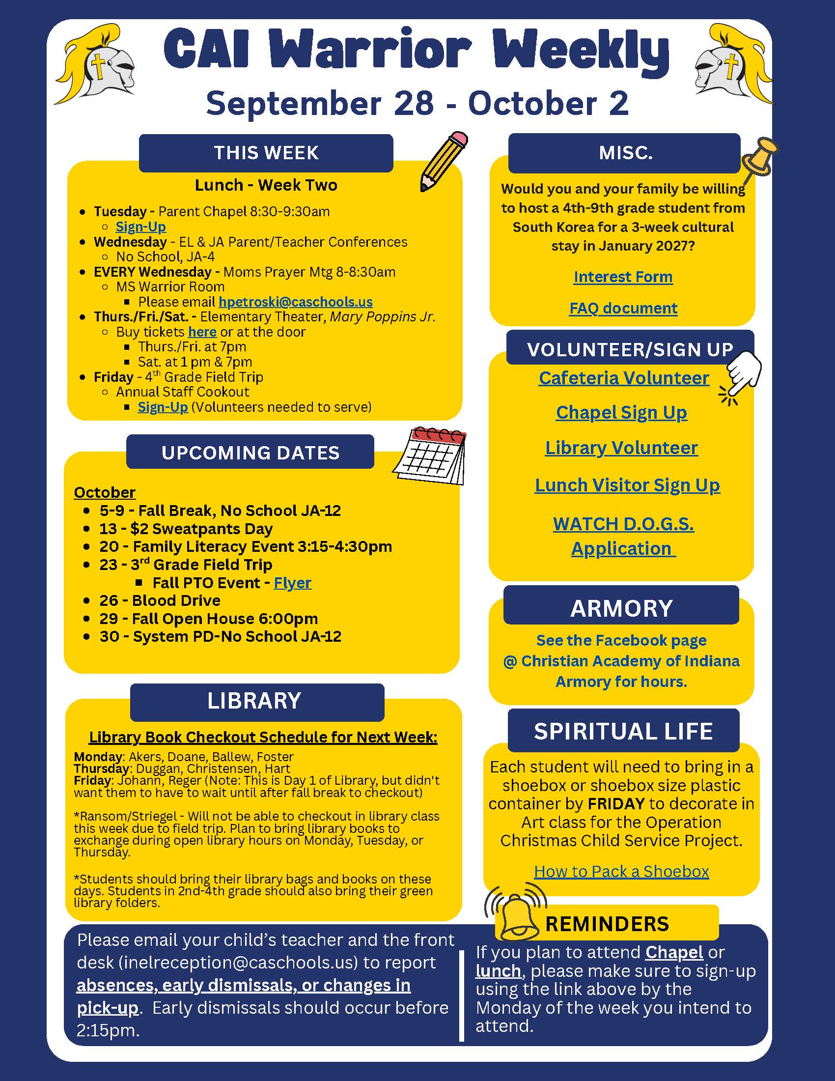 IN Elementary CAI Warrior Weekly Newsletter September 29 - October 2