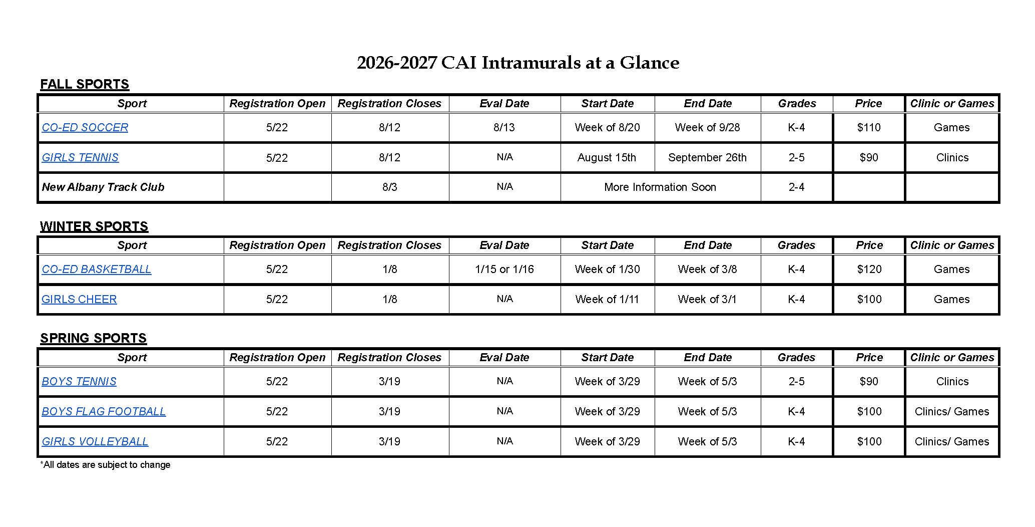 Christian Academy of Indiana Elementary Intramurals At-A-Glance 2026-2027