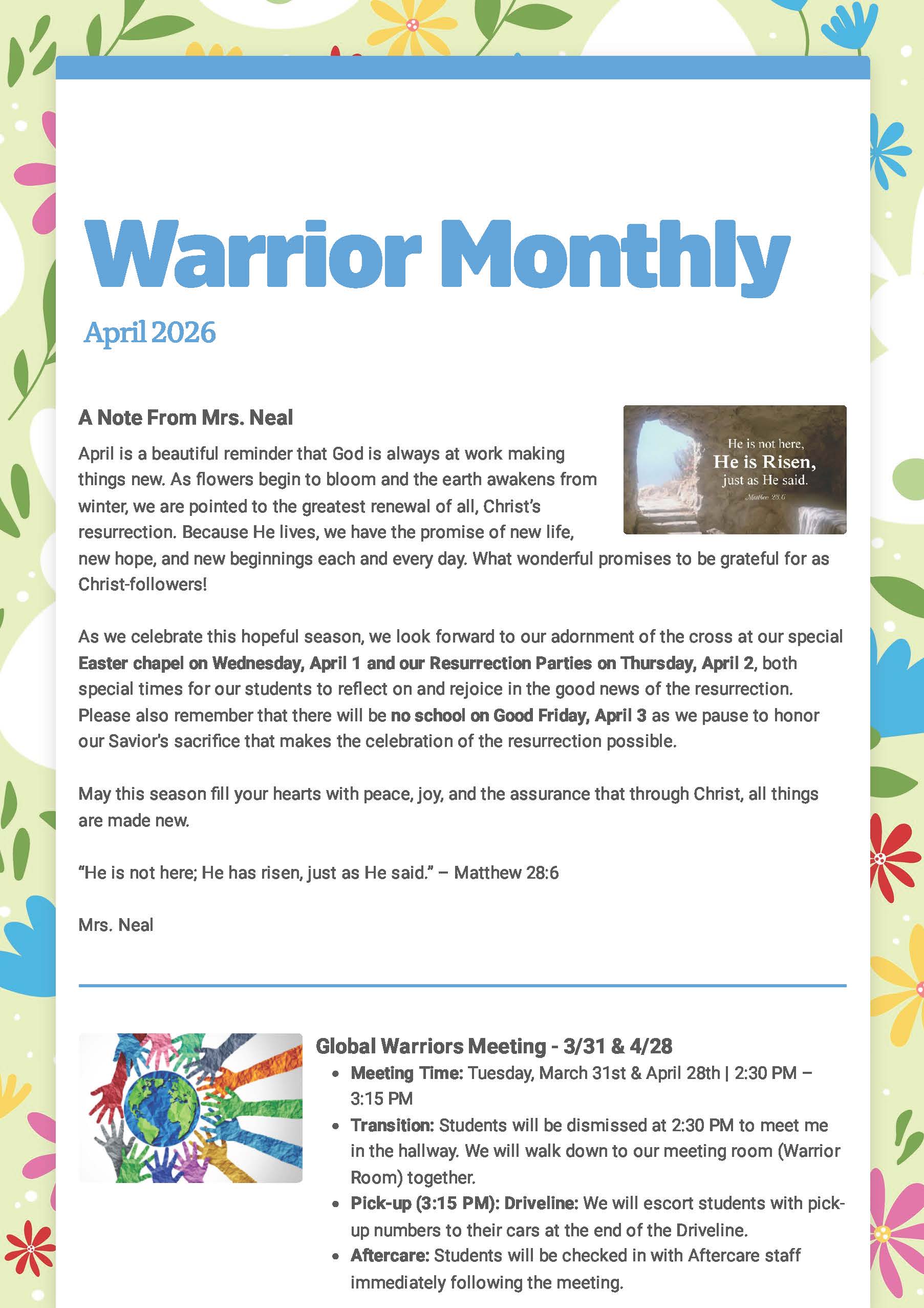 Christian Academy of Indiana Elementary Warrior Monthly Newsletter April 2026