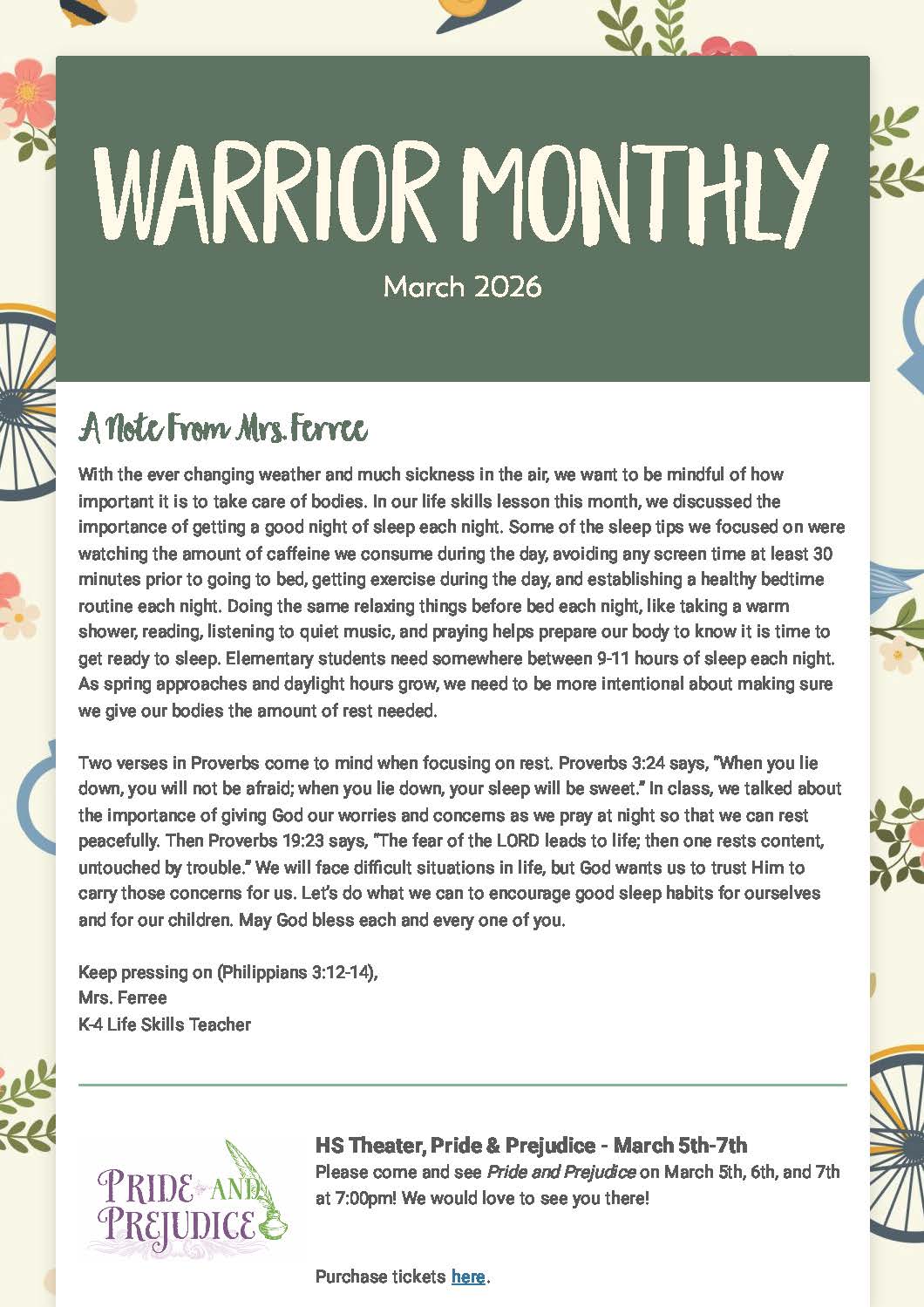 Christian Academy of Indiana Elementary Warrior Monthly Newsletter March 2026
