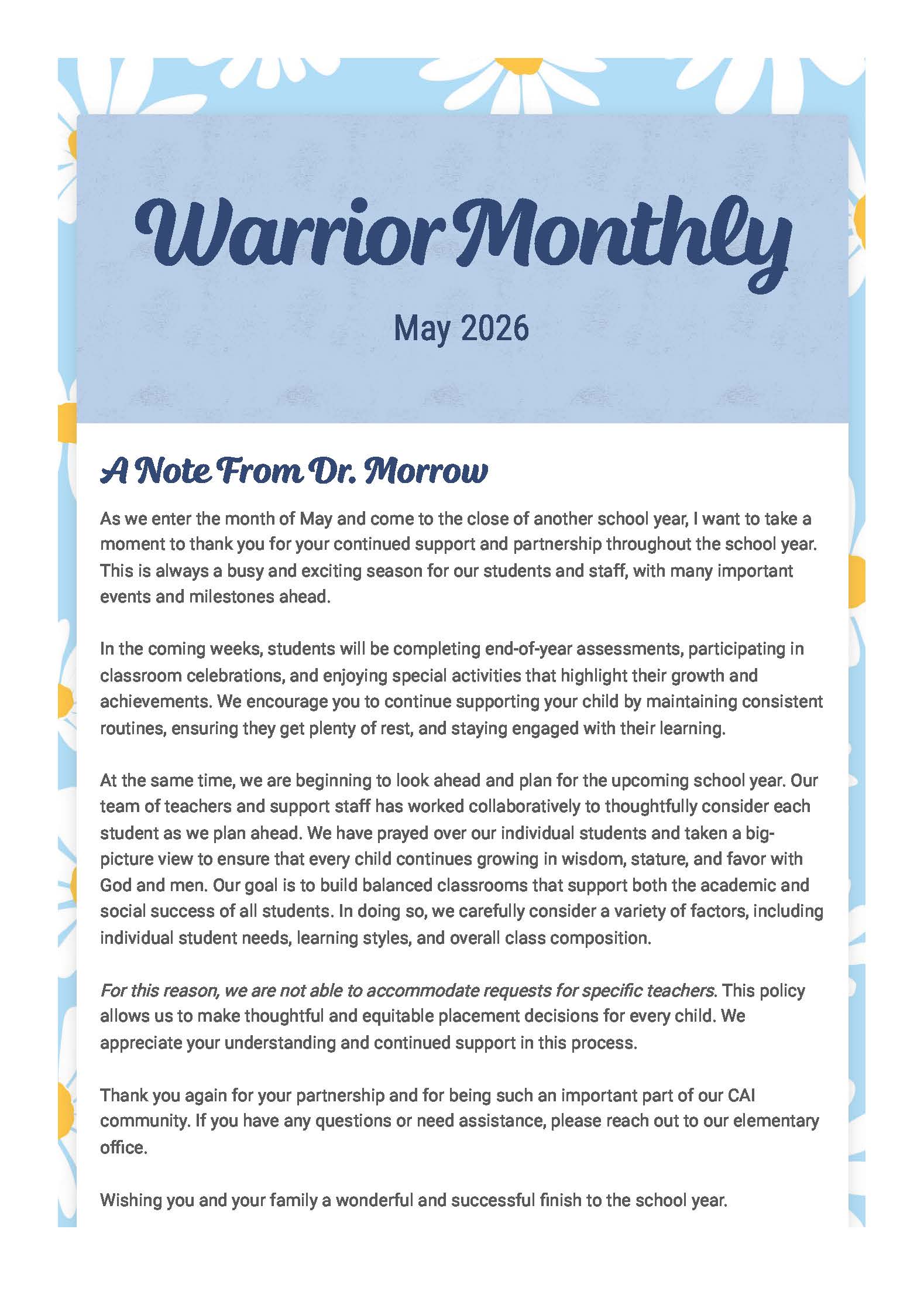 Christian Academy of Indiana Elementary Warrior Monthly Newsletter May 2026