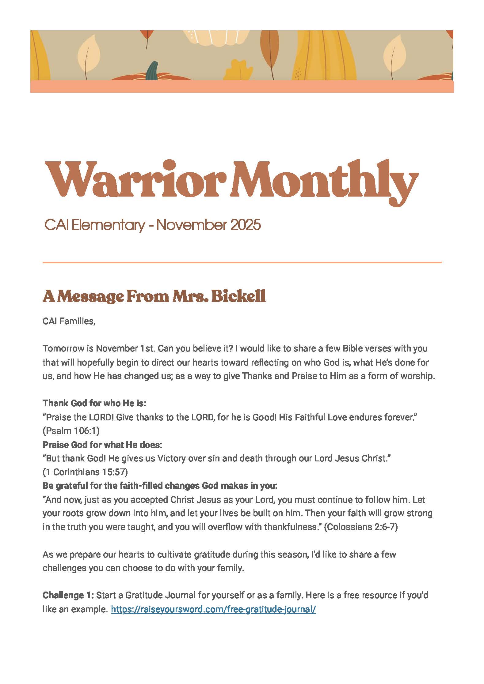 Christian Academy of Indiana Elementary Warrior Monthly Newsletter November 2025