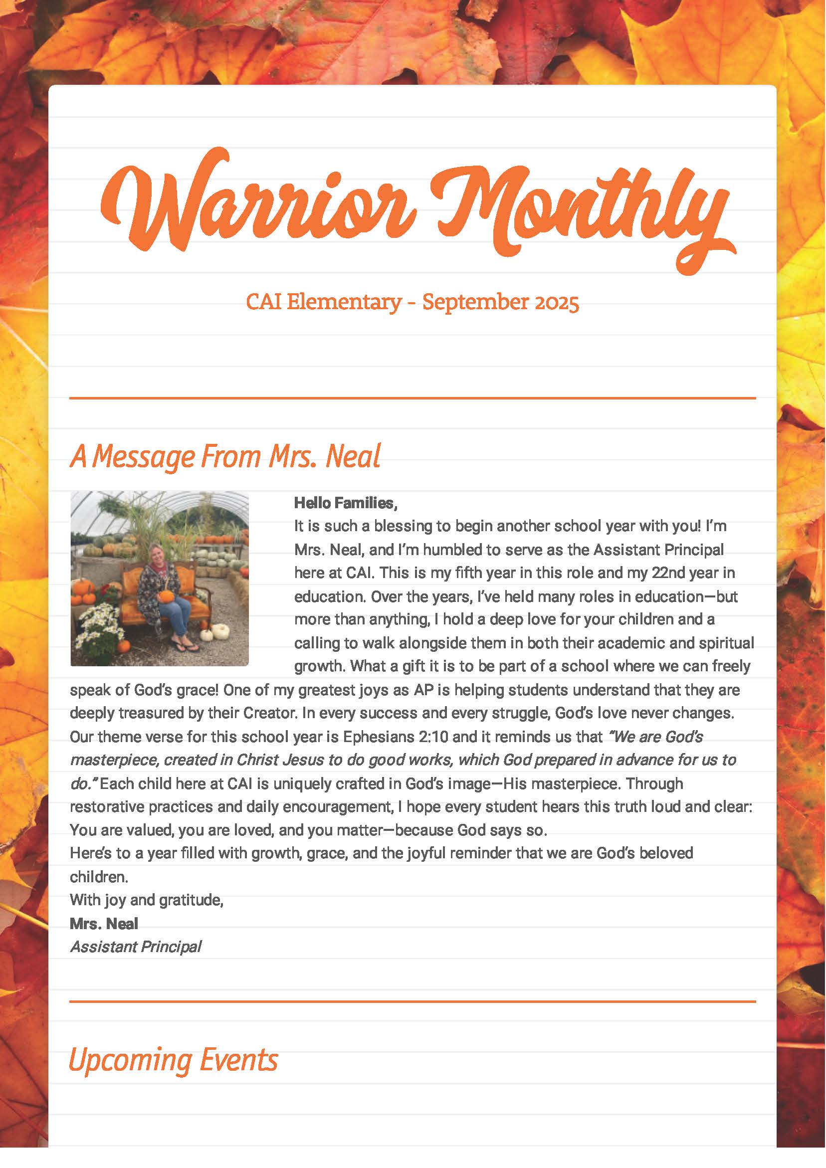 Christian Academy of Indiana Elementary Warrior Monthly Newsletter September 2025