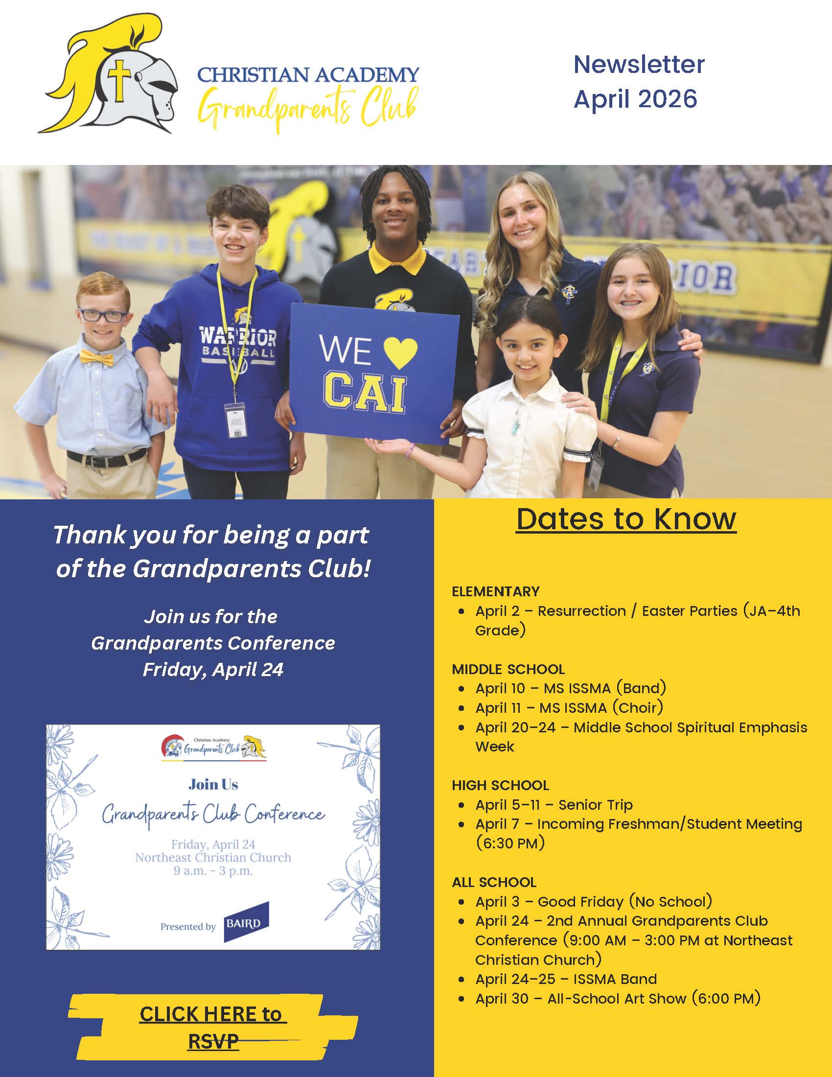 Christian Academy of Indiana Grandparents Club Newsletter April 2026