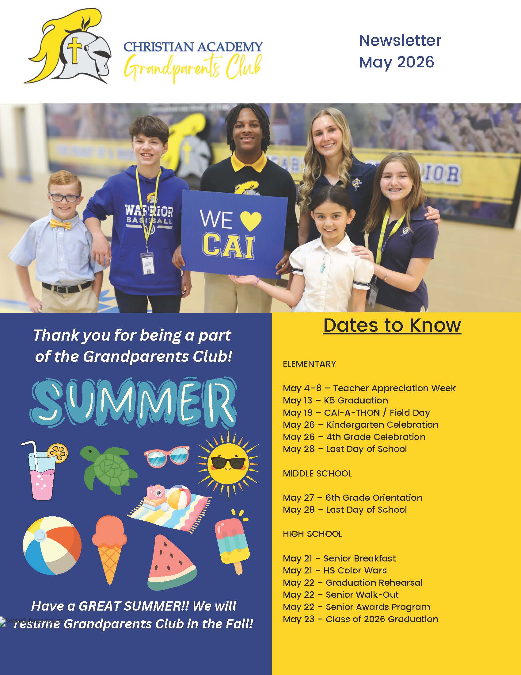 Christian Academy of Indiana Grandparents Club Newsletter May 2026