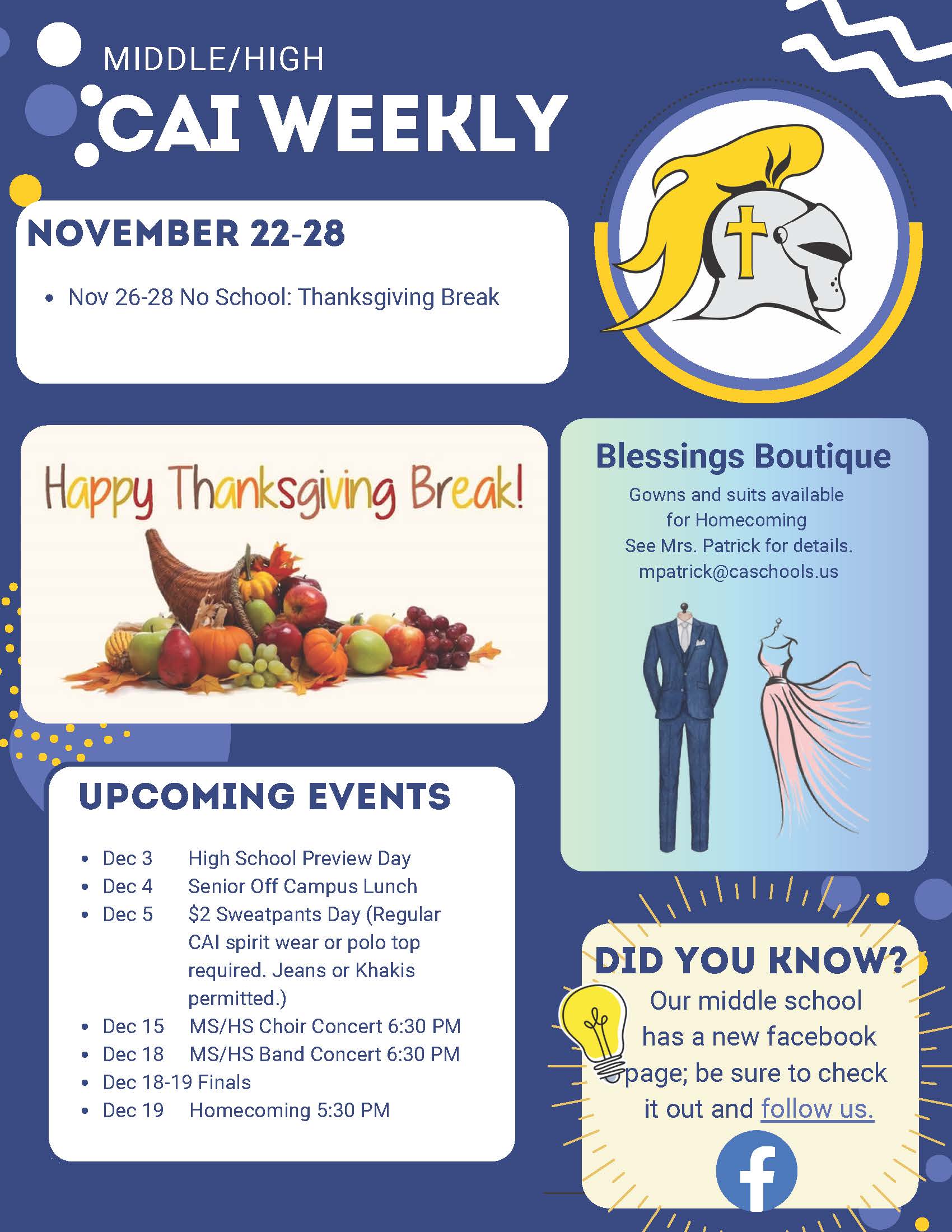 Christian Academy of Indiana High School Middle School CAI Weekly Newsletter November 22-December 5