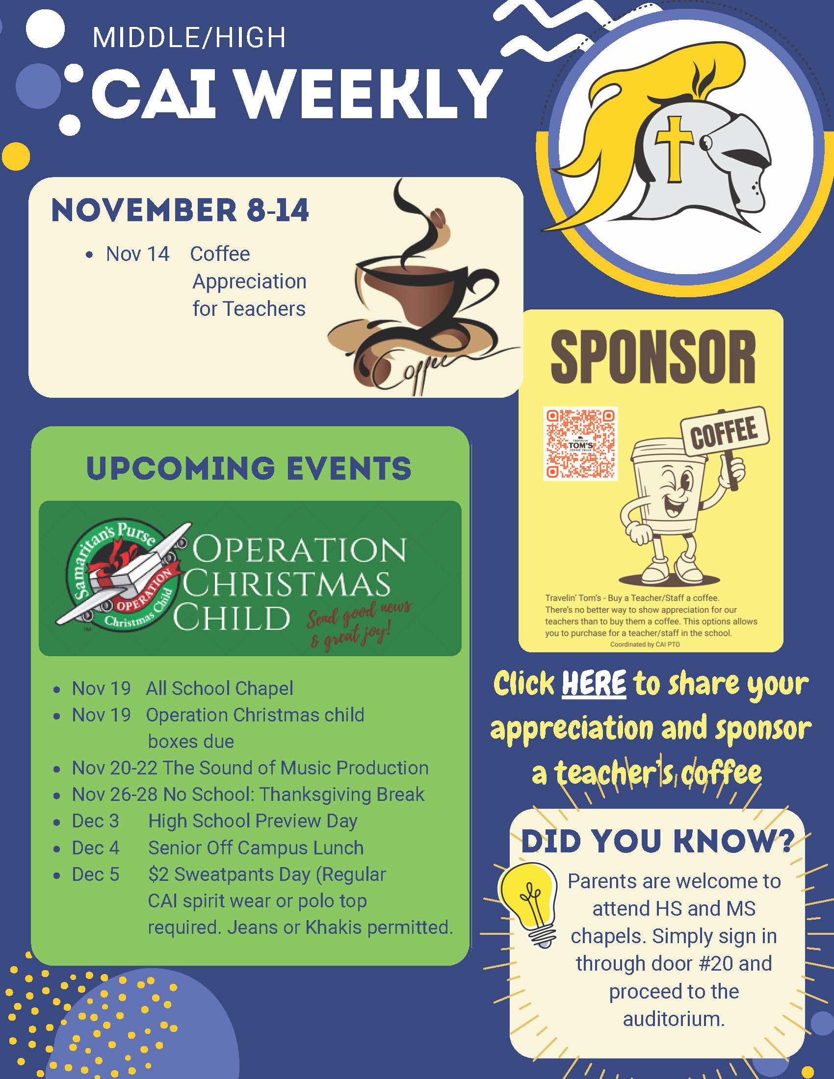 Christian Academy of Indiana High School / Middle School CAI Weekly November 8-14