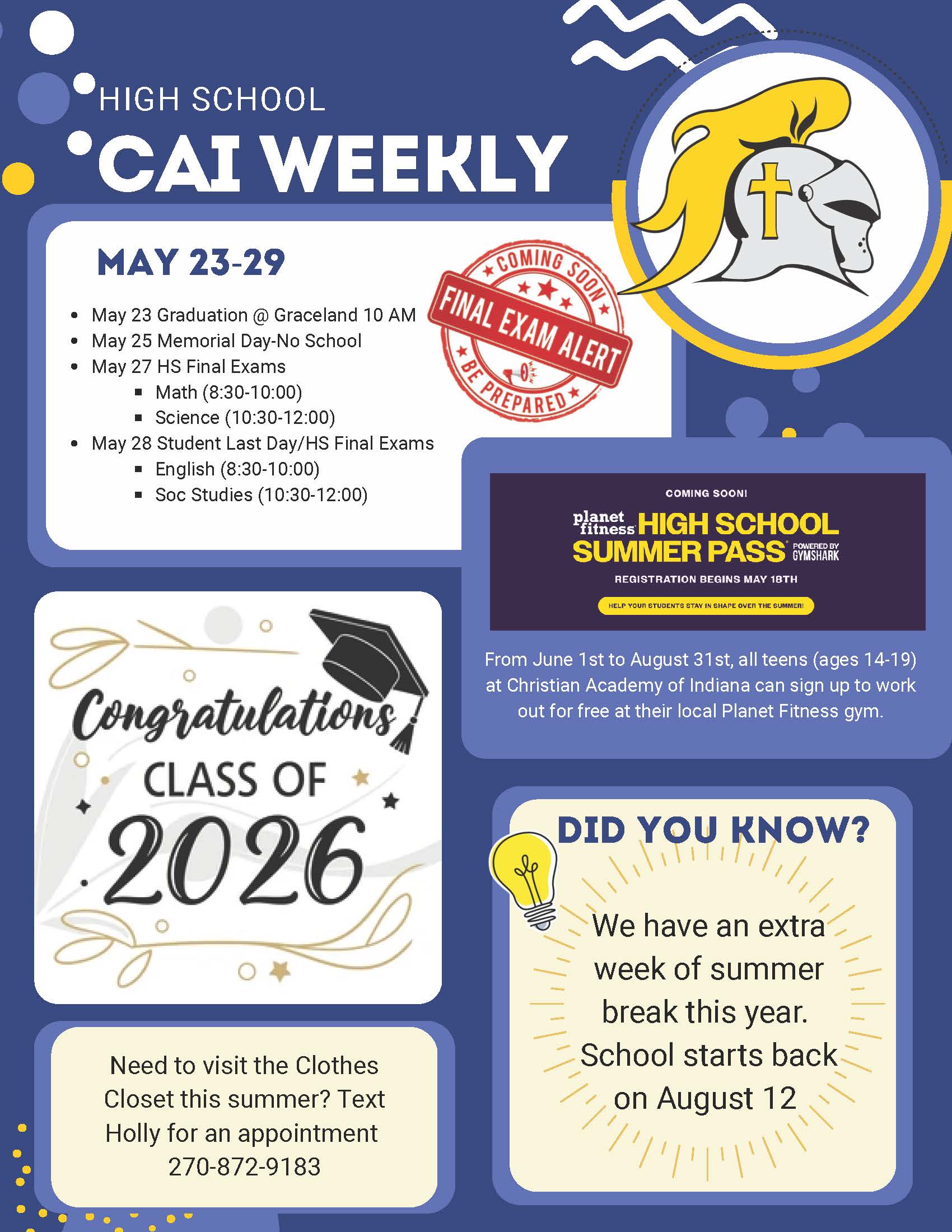 Christian Academy of Indiana High School CAI Weekly Newsletter May 23-29