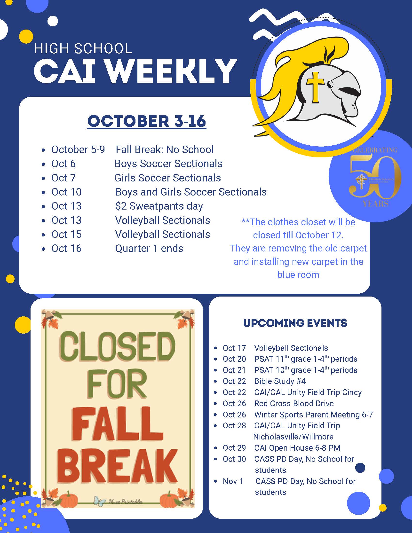 Christian Academy of Indiana High School CAI Weekly Newsletter October 3-16