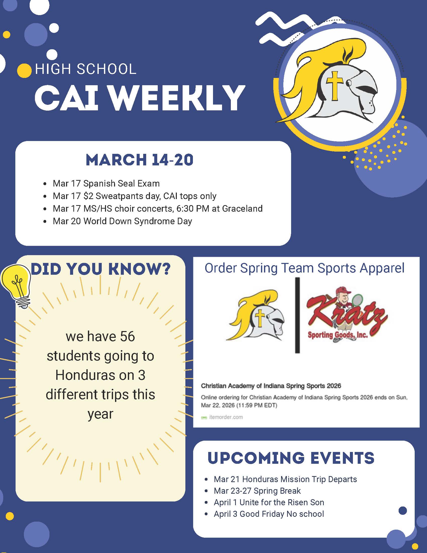 Christian Academy of Indiana High School CAI Weekly Newsletter March 14-20