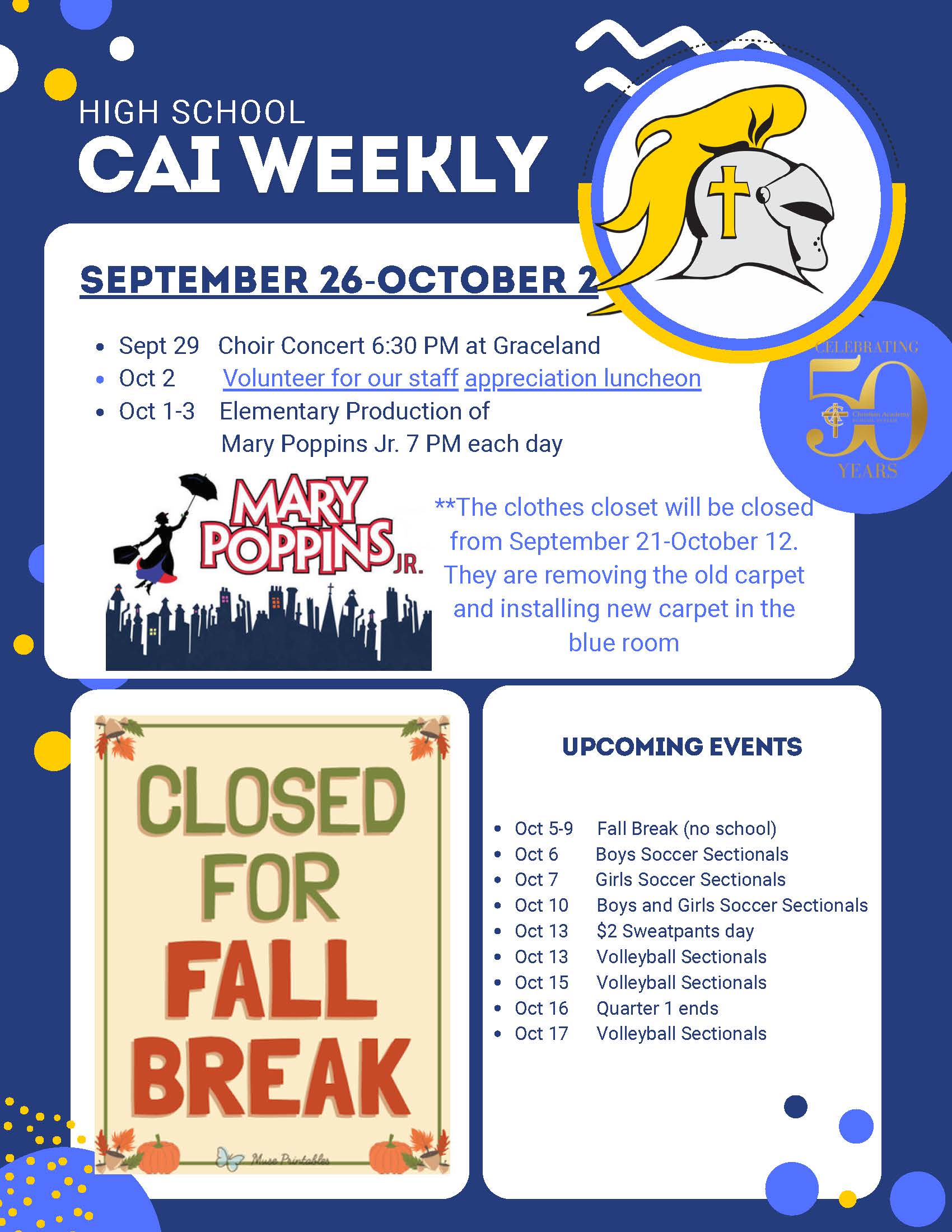 Christian Academy of Indiana High School CAI Weekly Newsletter September 26 - October 2