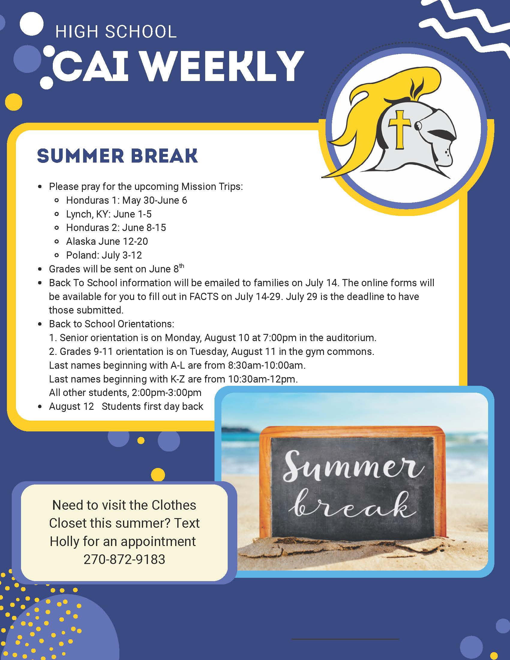 Christian Academy of Indiana High School CAI Weekly Newsletter Summer 2026