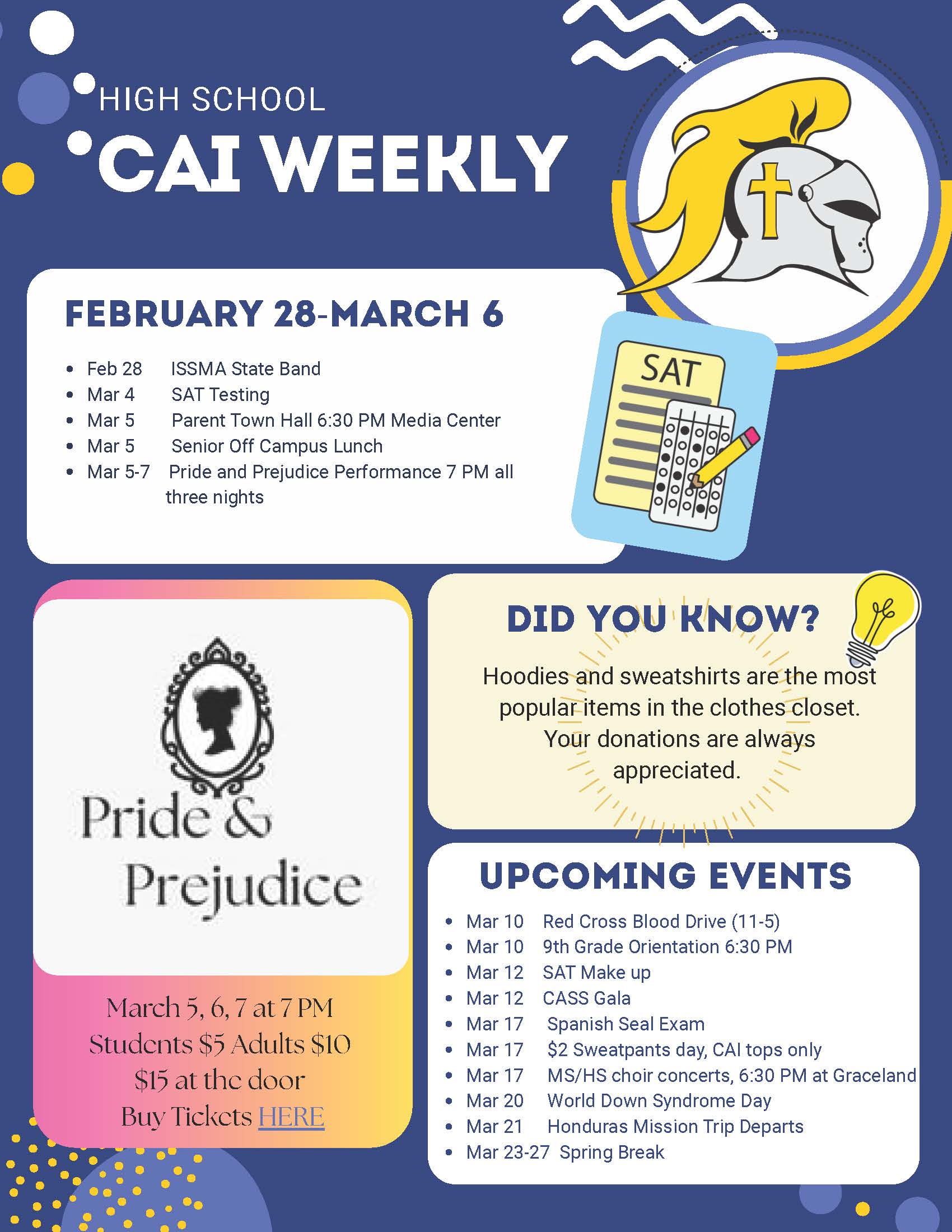 IN High School Middle School CAI Weekly Newsletter Feb 28-Mar 6 Christian Academy of Indiana High School/Middle School CAI Weekly Newsletter February 28-March 6