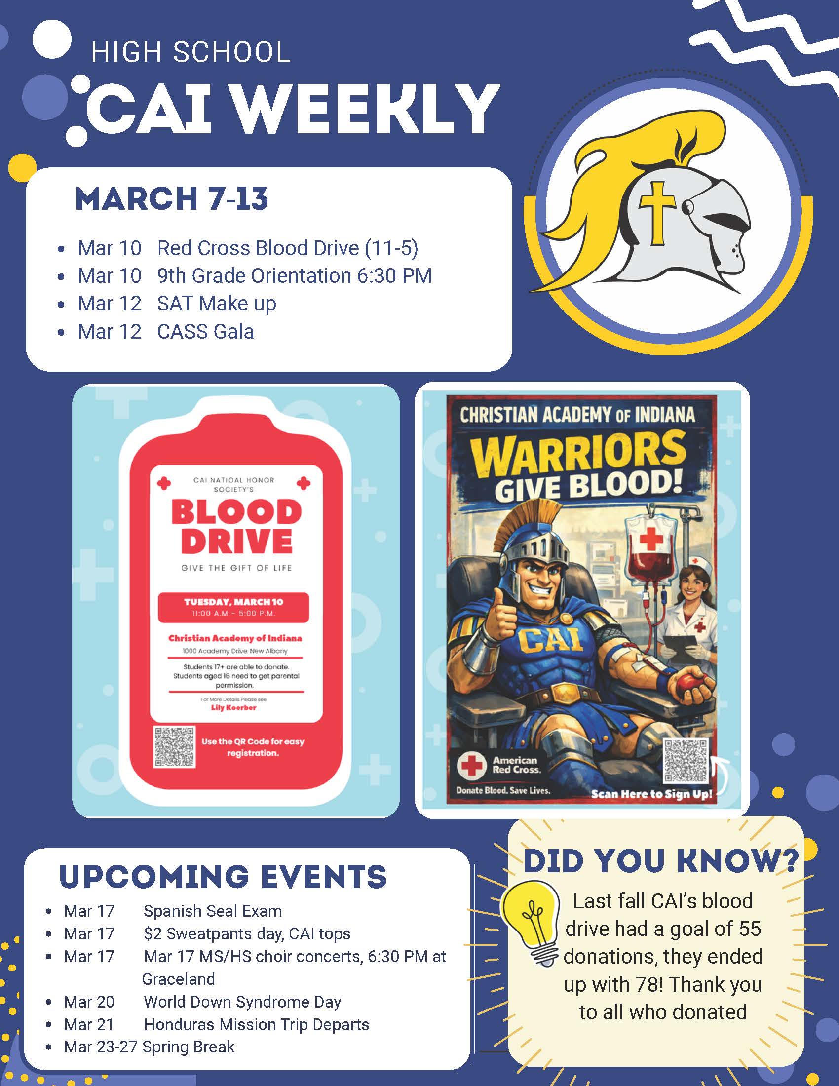 Christian Academy of Indiana High School / Middle School CAI Weekly Newsletter March 7-13