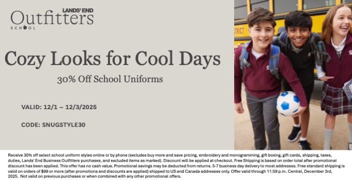 Christian Academy School System Lands End Uniforms Cozy Looks for Cool Days Sale December 1-3