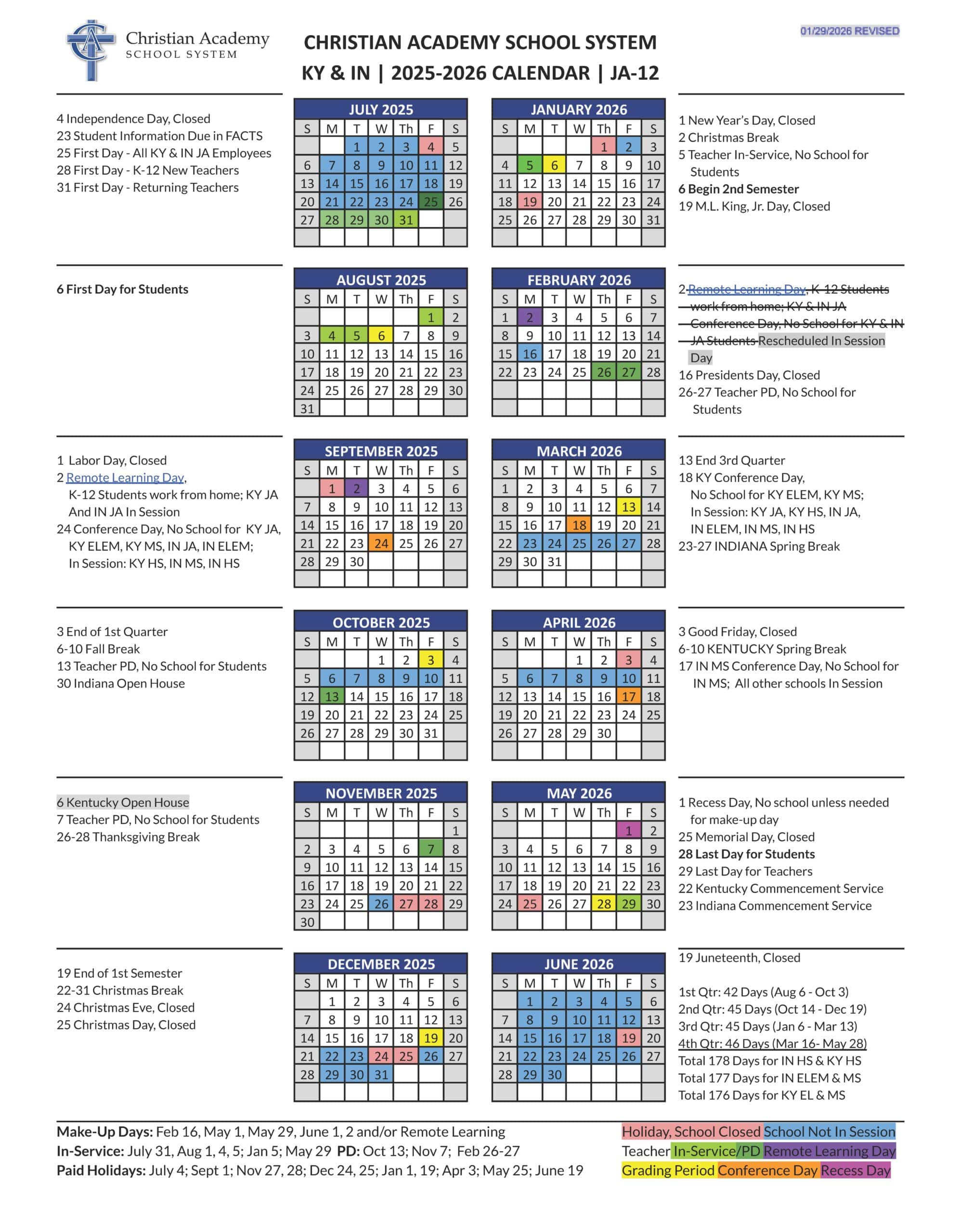 Christian Academy School System Family Calendar 2025-2026 Revised January 29, 2026