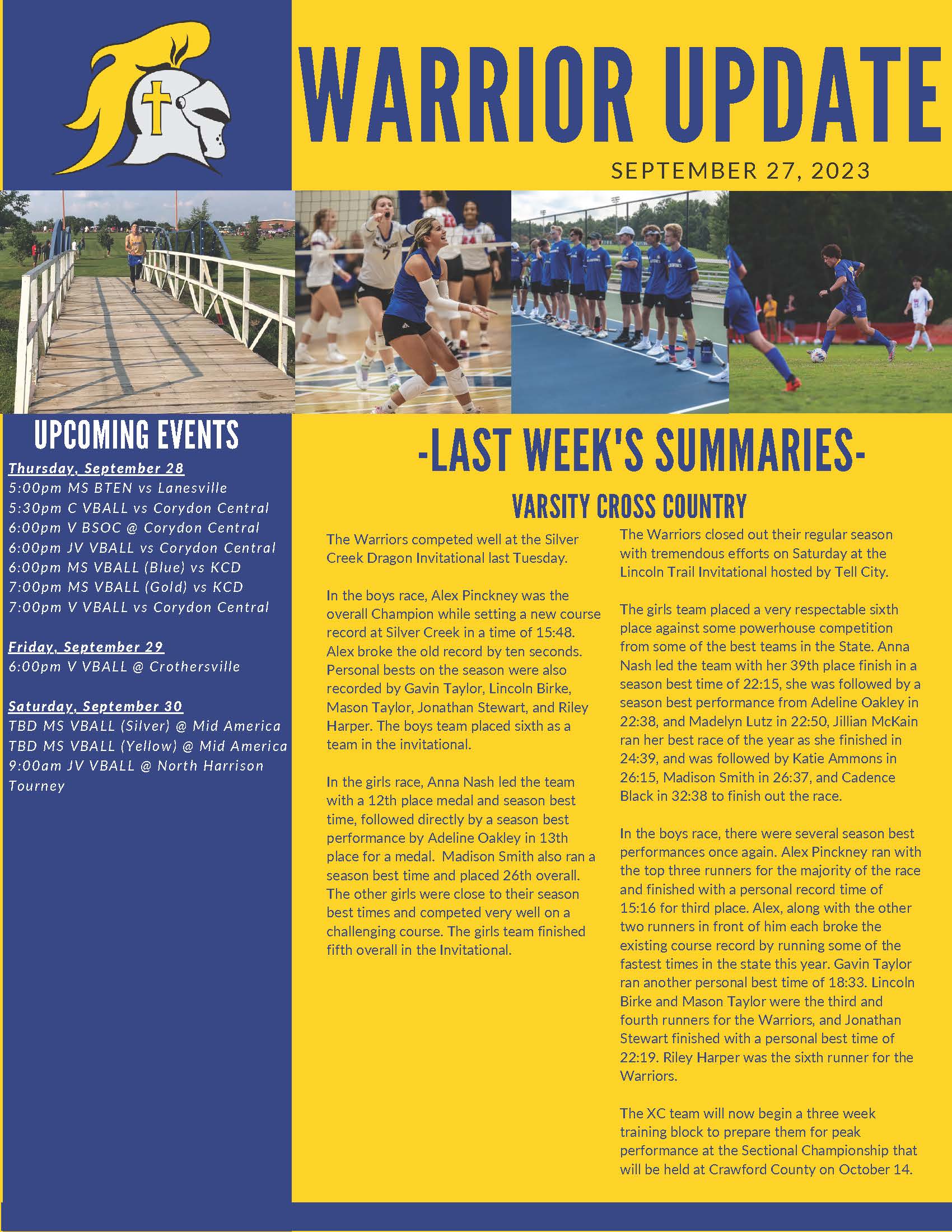 Christian Academy School System | Christian Academy of Indiana | Athletics | Warrior Update | September 27, 2023