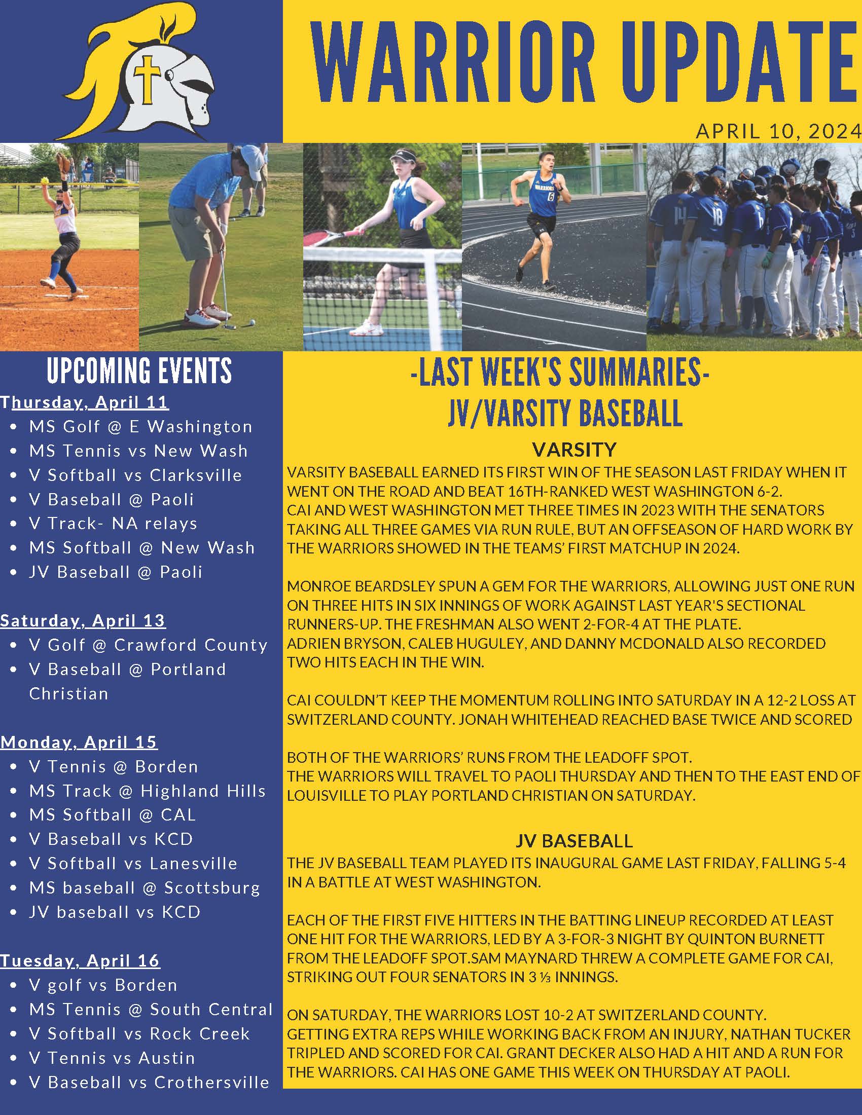 Christian Academy School System | Christian Academy of Indiana | Athletics | Warrior Update | April 10